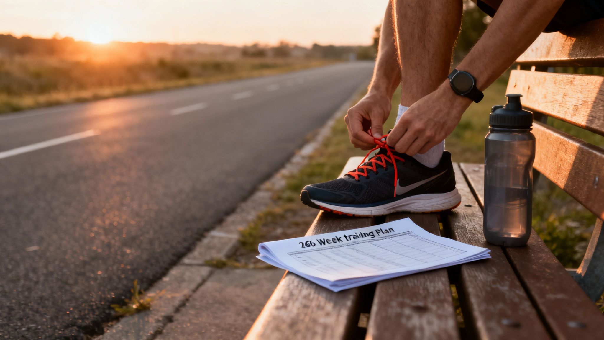 Athlete prepares for a run, tying shoes next to a training plan and water bottle at sunset.