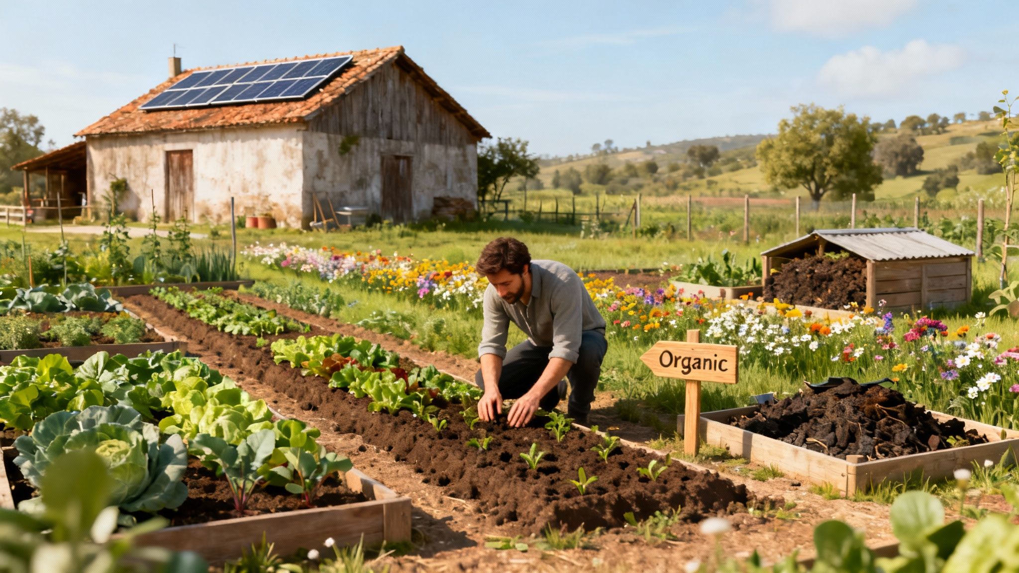 A man planting young vegetables in an organic garden with a farmhouse and solar panels.