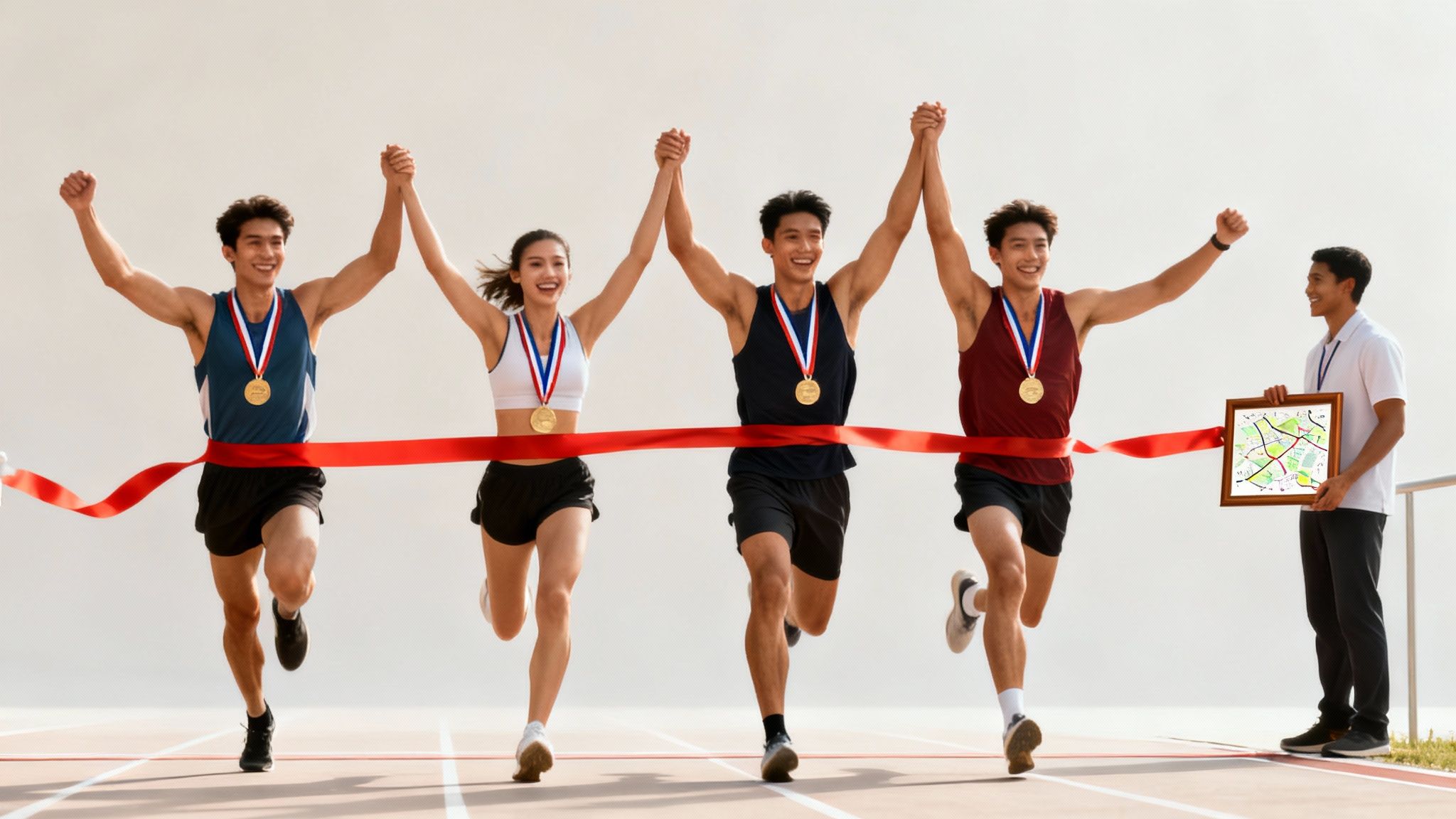 Four diverse athletes with gold medals celebrate crossing the finish line, an official nearby.