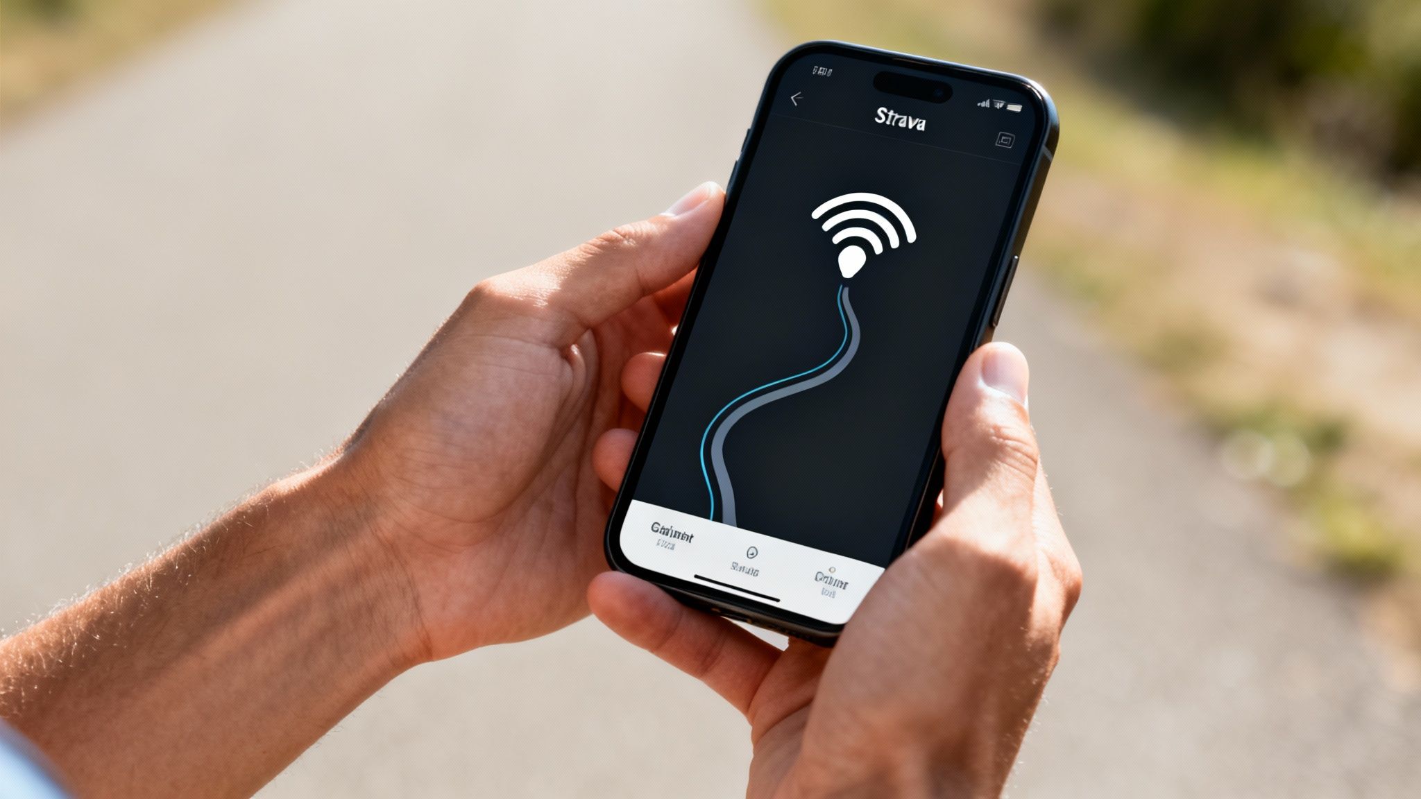 Person holding a smartphone displaying the Strava fitness app interface with a winding route.