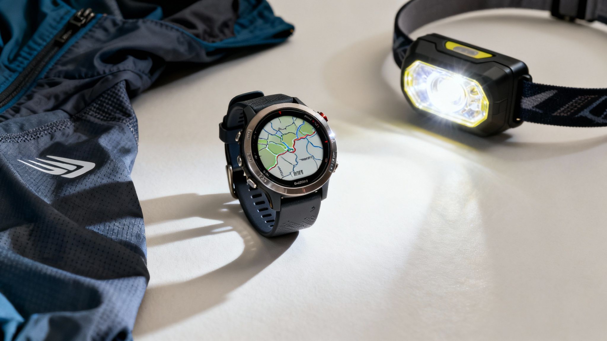 A smartwatch displaying a trail map, a bright headlamp, and a running jacket on a white surface.