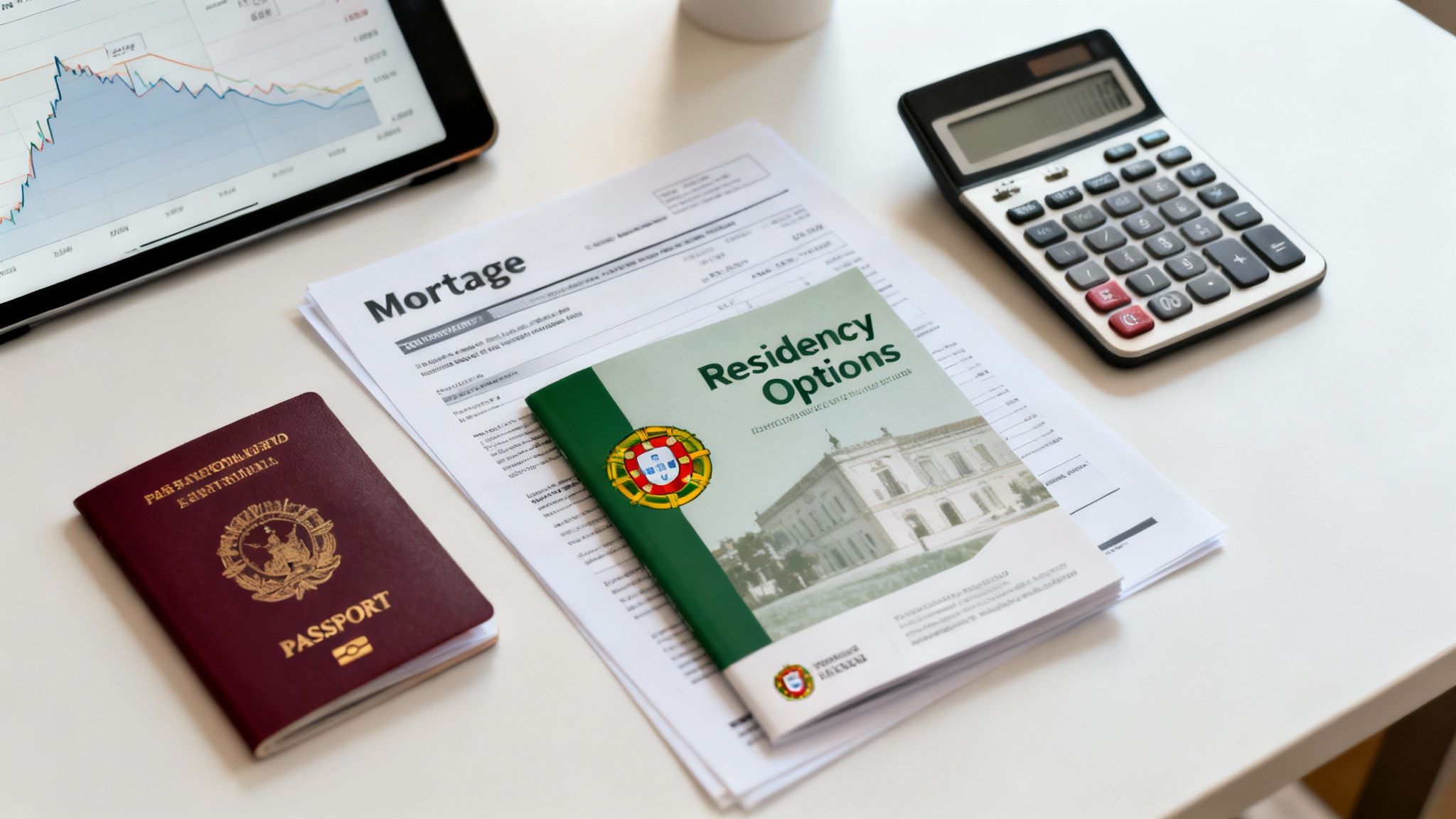 Documents, passport, and calculator on a desk for Portuguese residency and property investment planning.