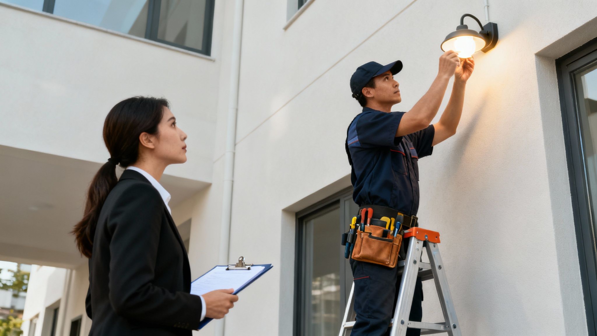 A maintenance worker fixing a pipe under a kitchen sink in a rental property.