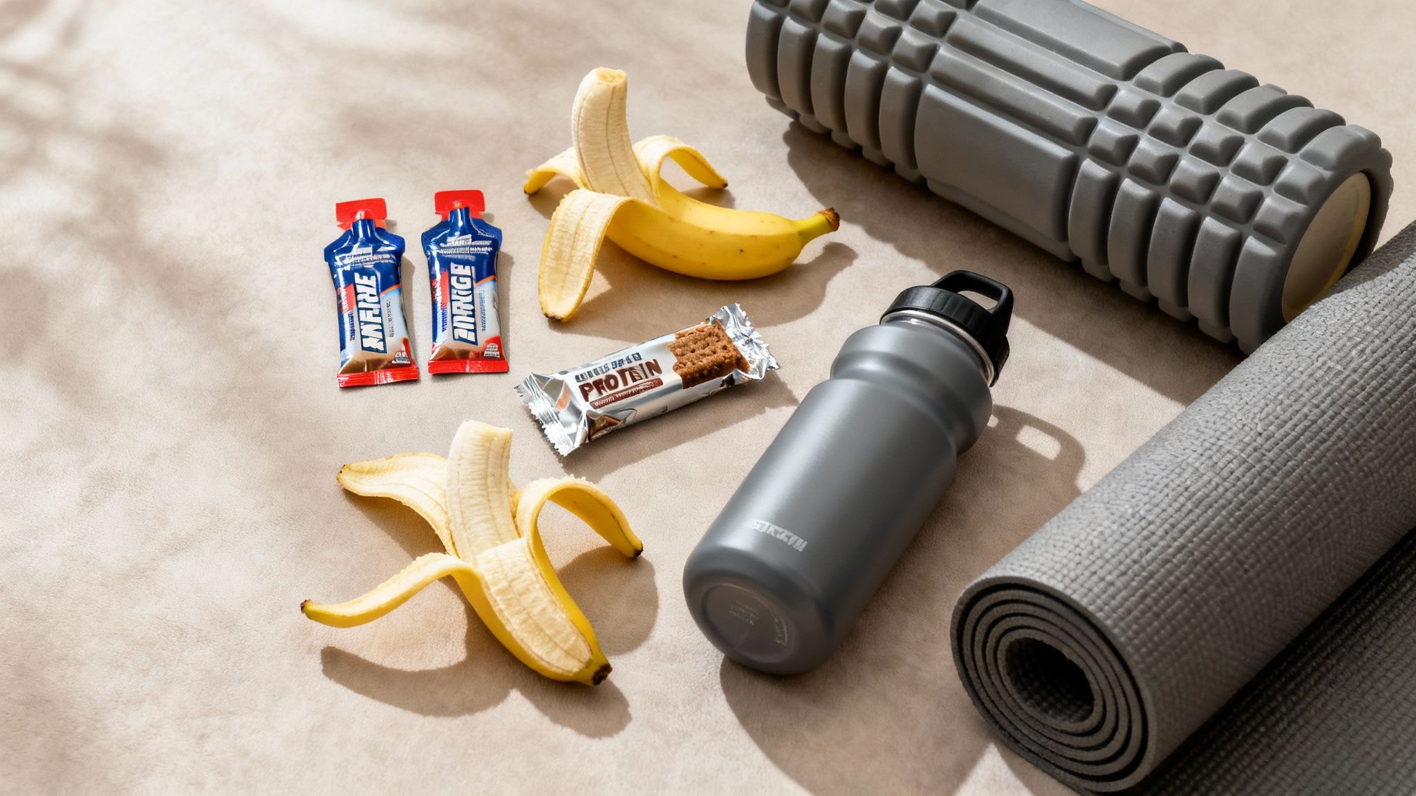 Fitness essentials including a yoga mat, foam roller, water bottle, bananas, protein bar, and energy gels.