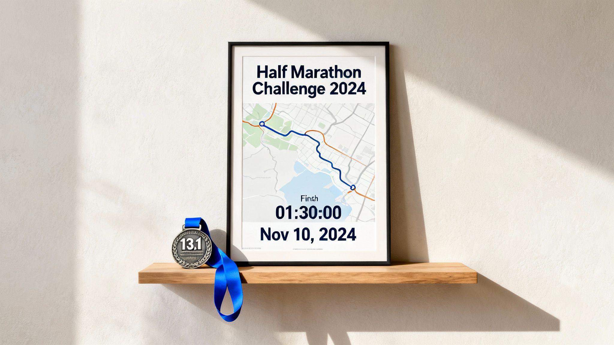 A half marathon challenge poster with map, finish time (01:30:00), date (Nov 10, 2024), and a '13.1' medal on a shelf.