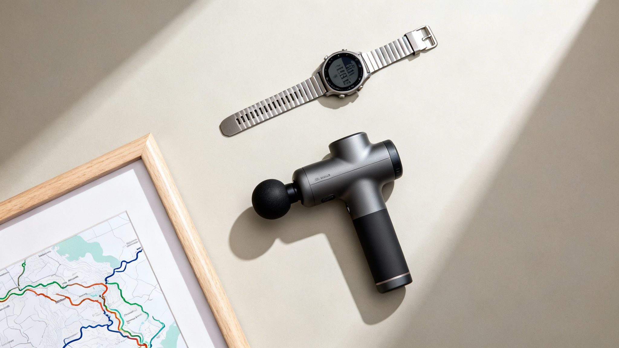 Overhead view of a silver digital watch, a grey massage gun, and a framed map with colorful routes.
