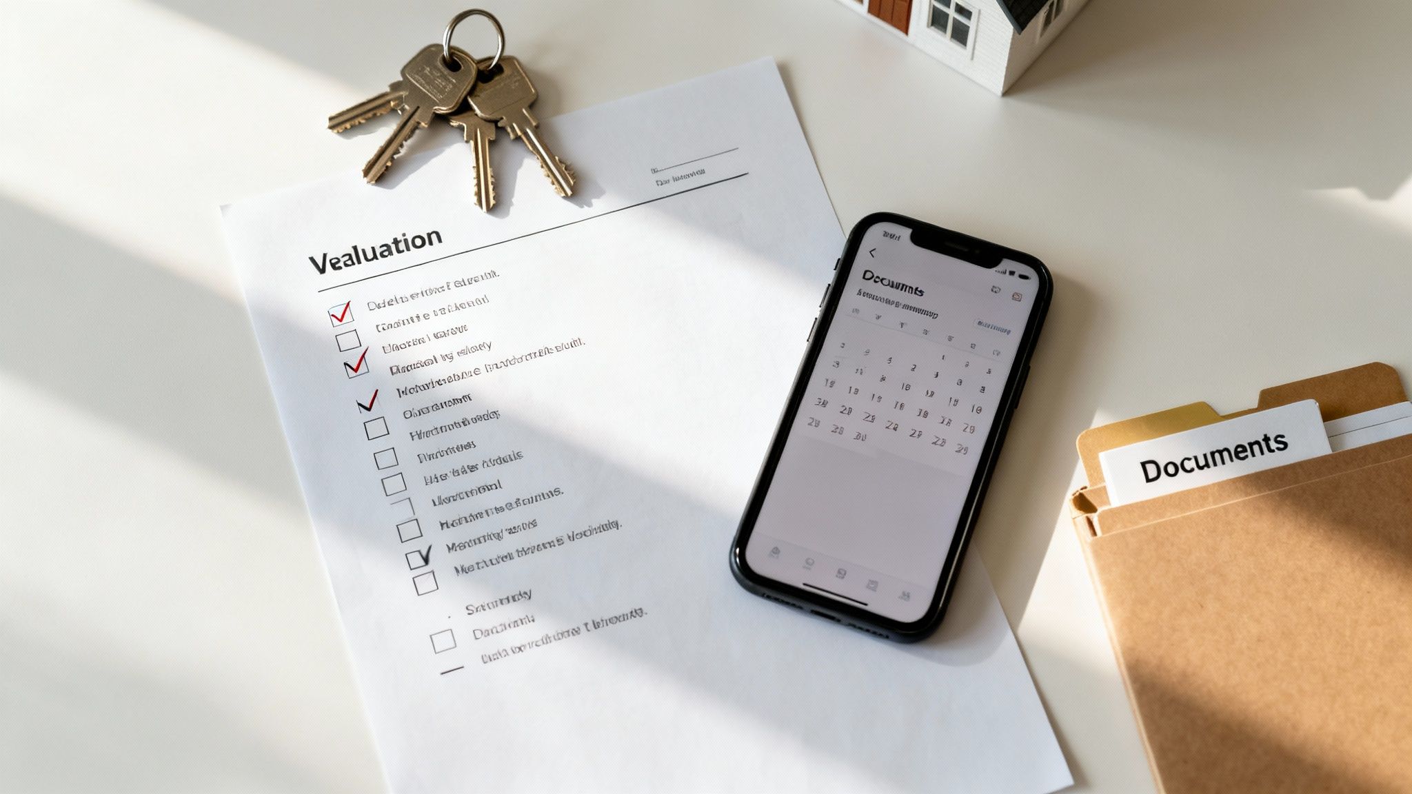 Property valuation checklist, house keys, smartphone, and documents for real estate appraisal.