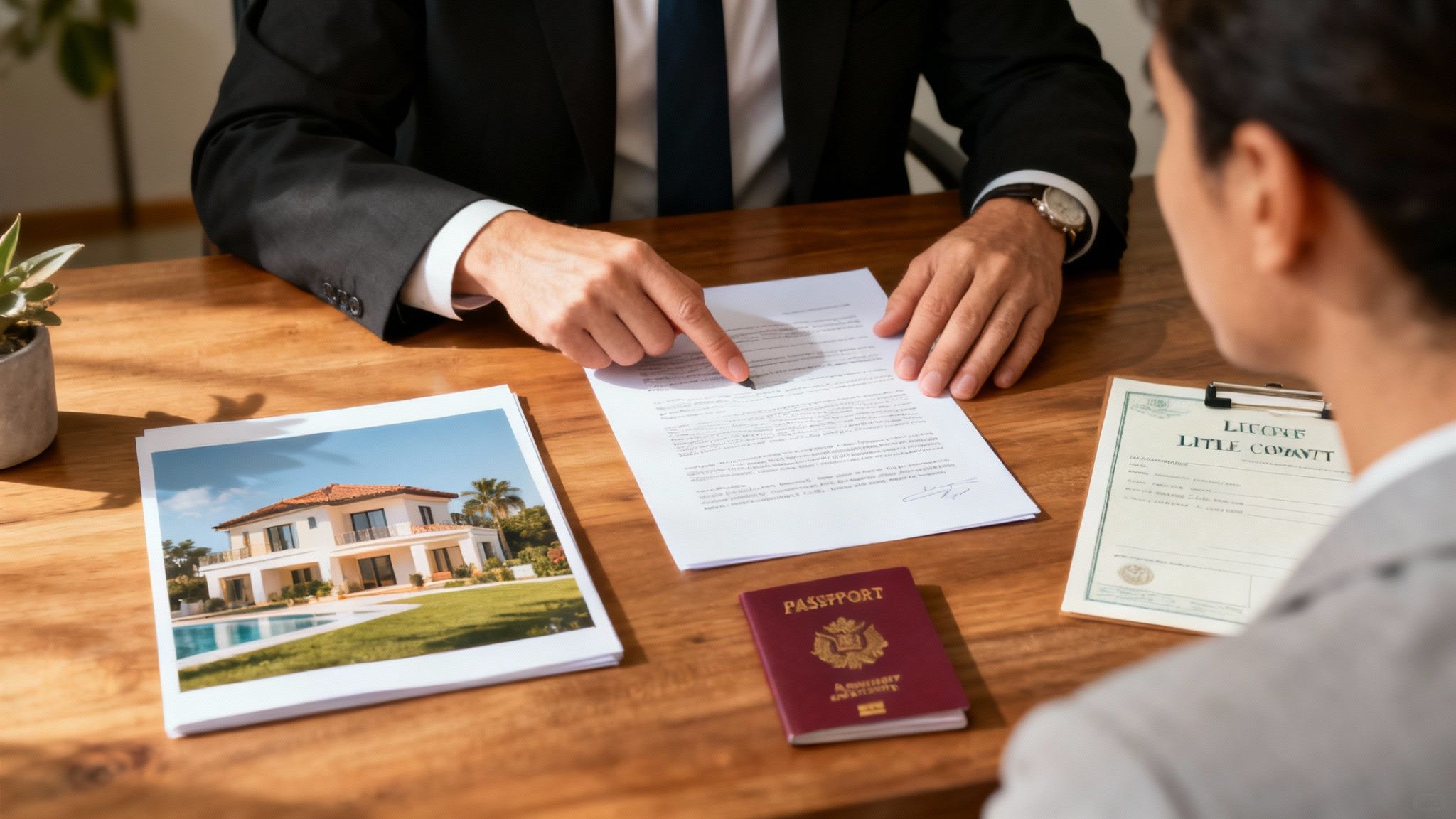 International real estate lawyer presenting property documents and passport to client during consultation meeting