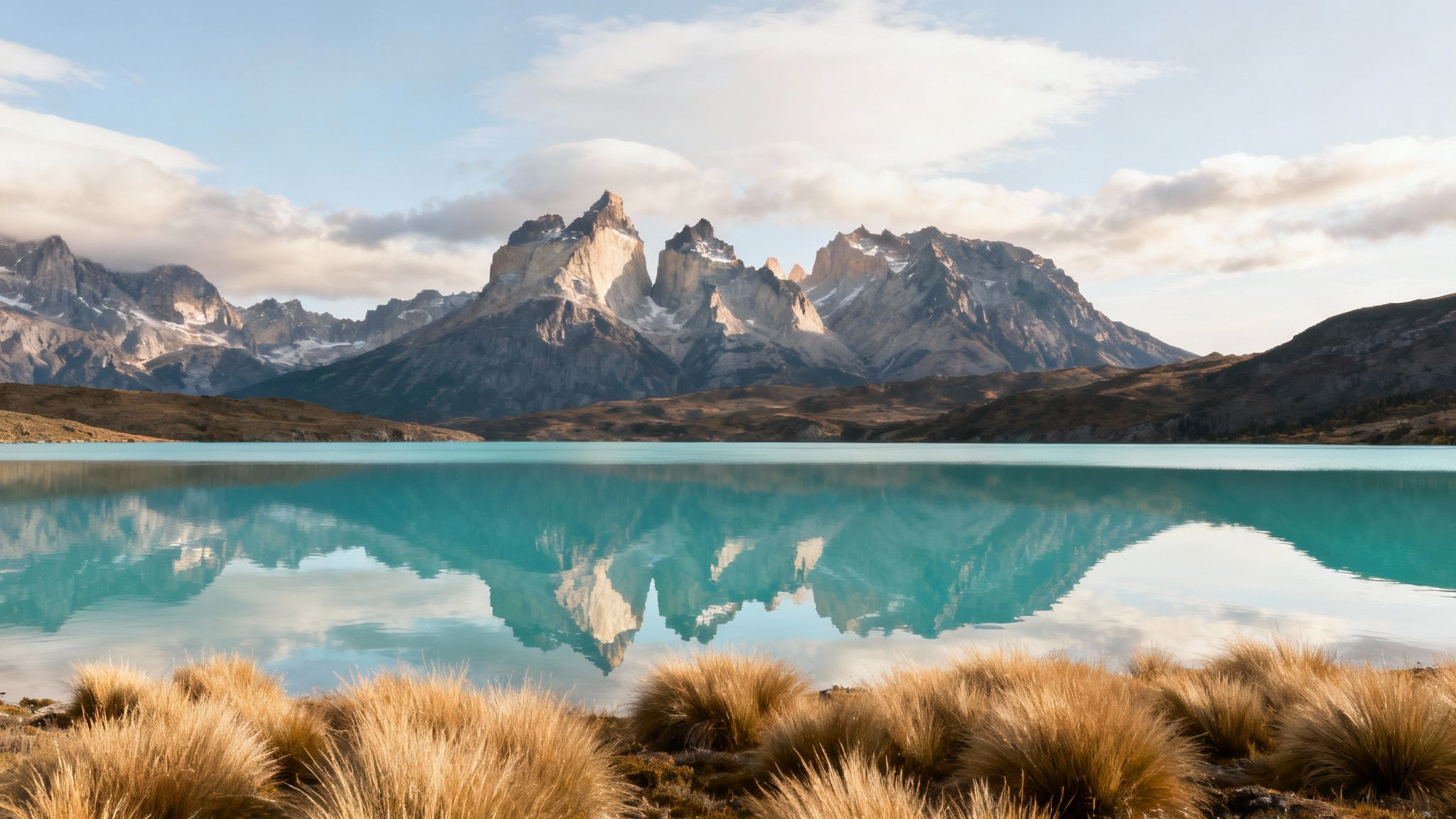 Majestic mountains reflecting in a serene turquoise lake with golden grass under a cloudy sky.