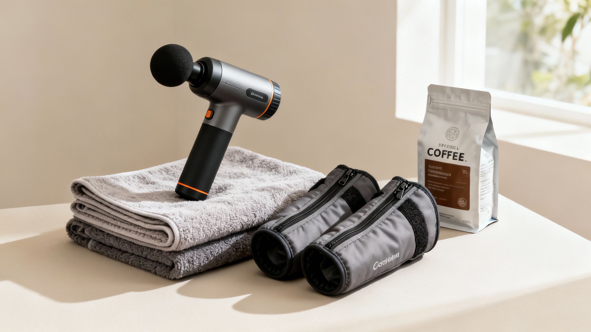 A massage gun, folded towels, wrist weights, and a coffee bag on a table, promoting wellness.