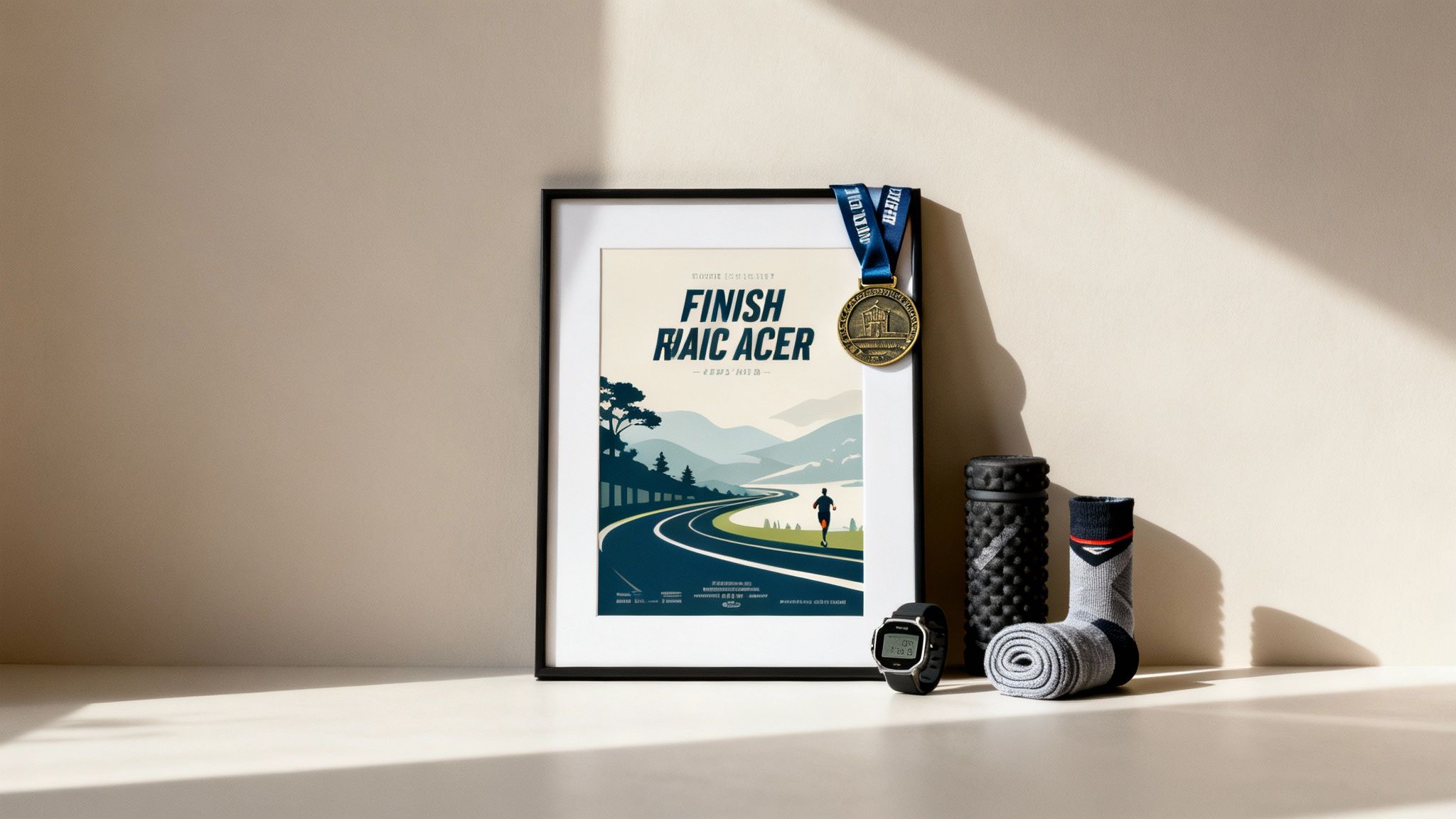 A framed marathon poster with a medal, a watch, foam roller, and running socks on a shelf.