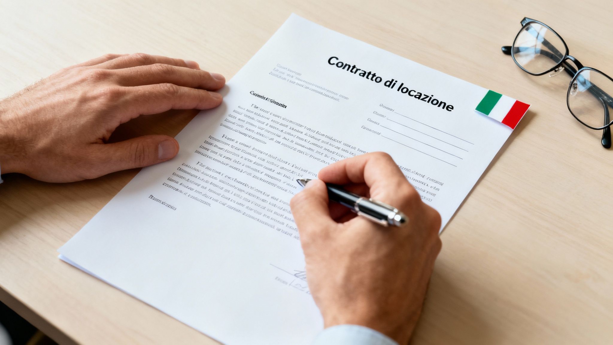 A person signing a rental contract with a pen