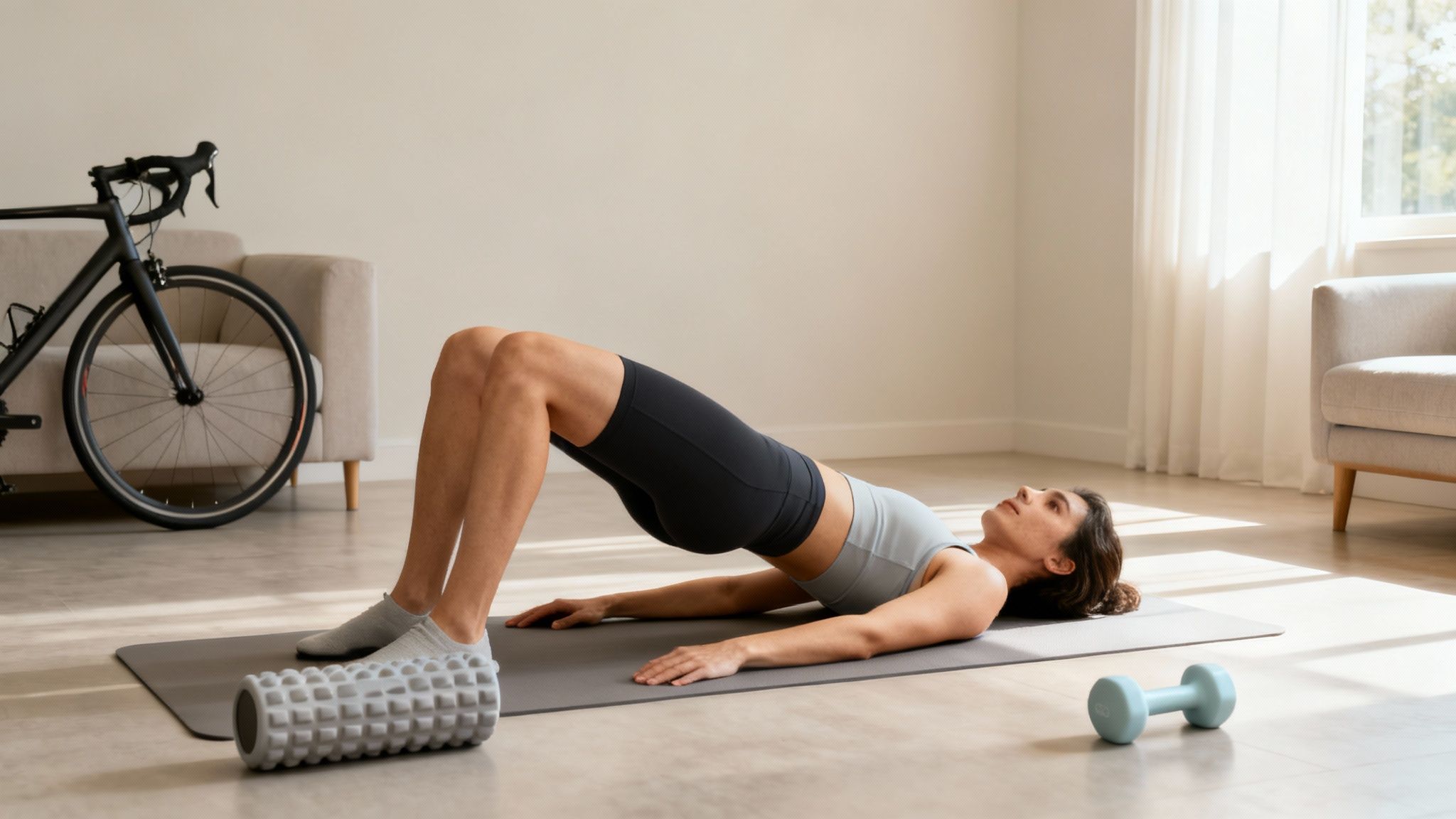 A woman performs a glute bridge exercise on a mat in her living room with fitness equipment.