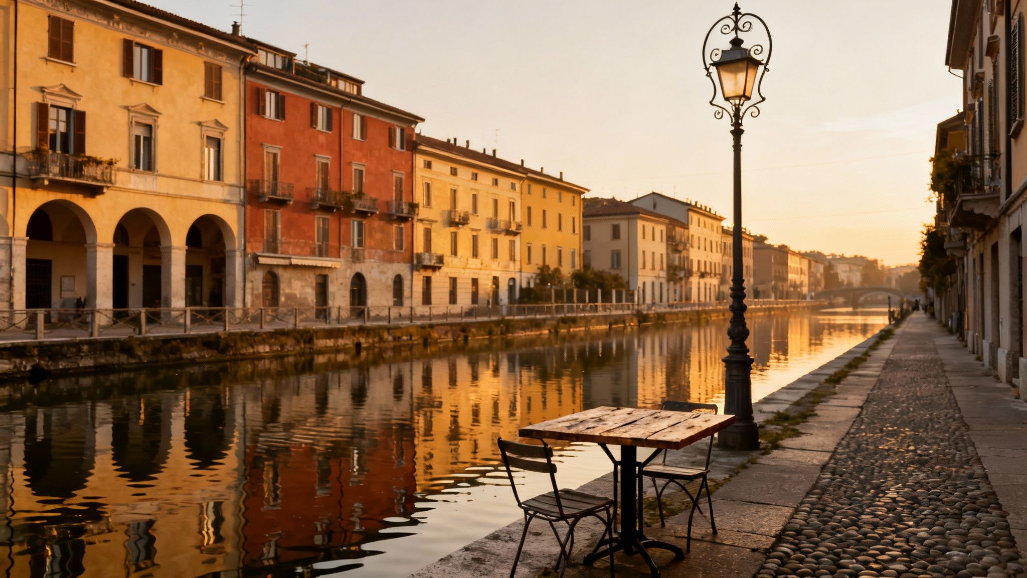 Picturesque canal lined with colorful historic buildings reflecting in water at golden hour, with a lamp and cafe table.