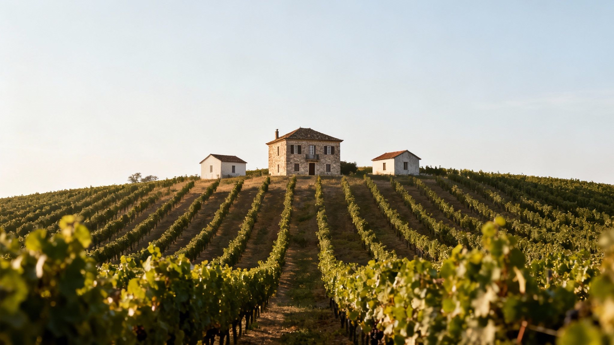 A large stone house with two smaller white buildings on a hill, surrounded by rows of grapevines.