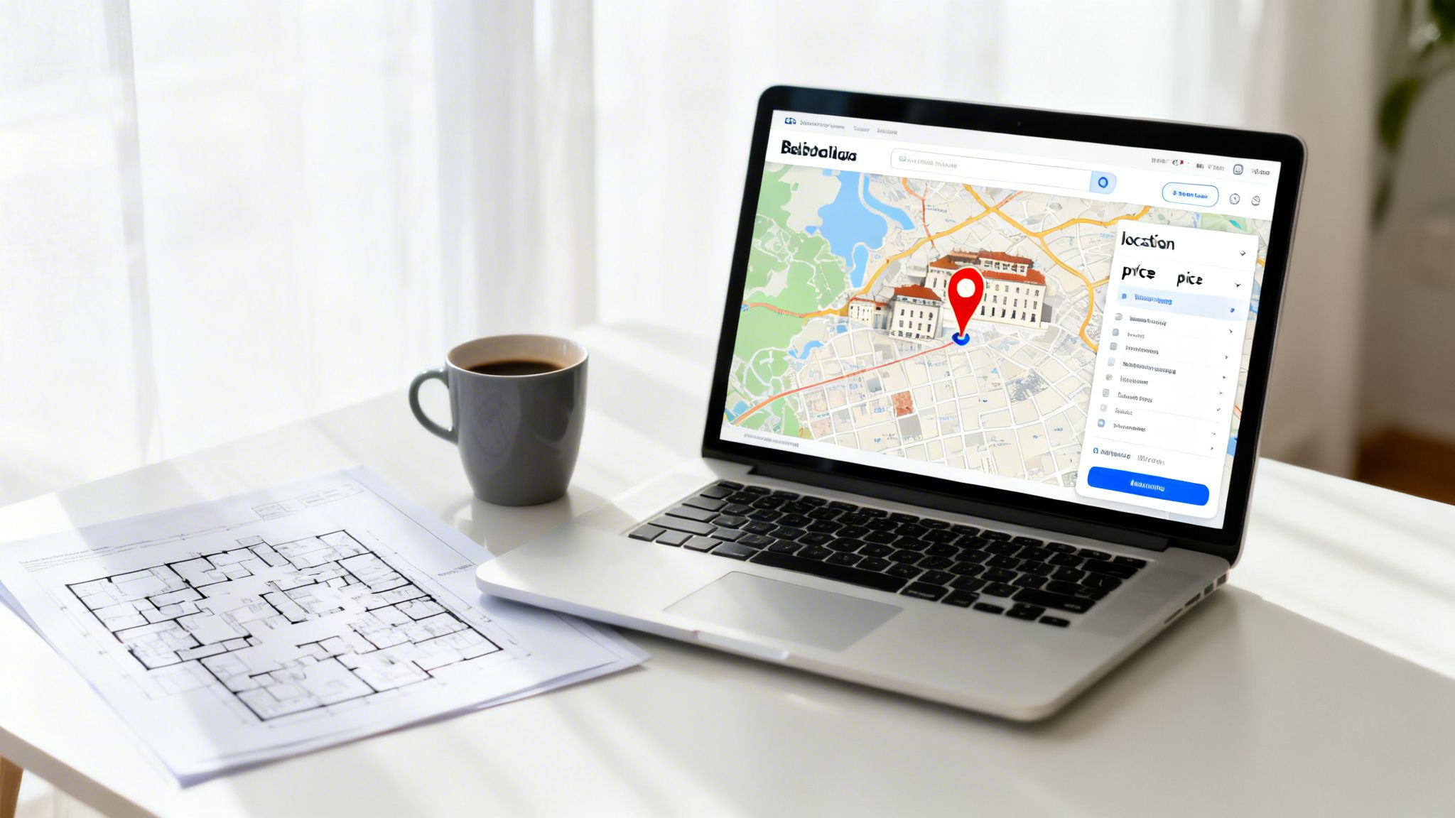 Laptop displaying a real estate map with a property pin, next to a blueprint and coffee mug.