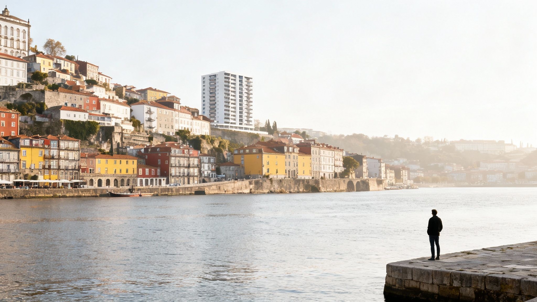 A person on a pier overlooking the colorful historic buildings of Porto by the Douro River.