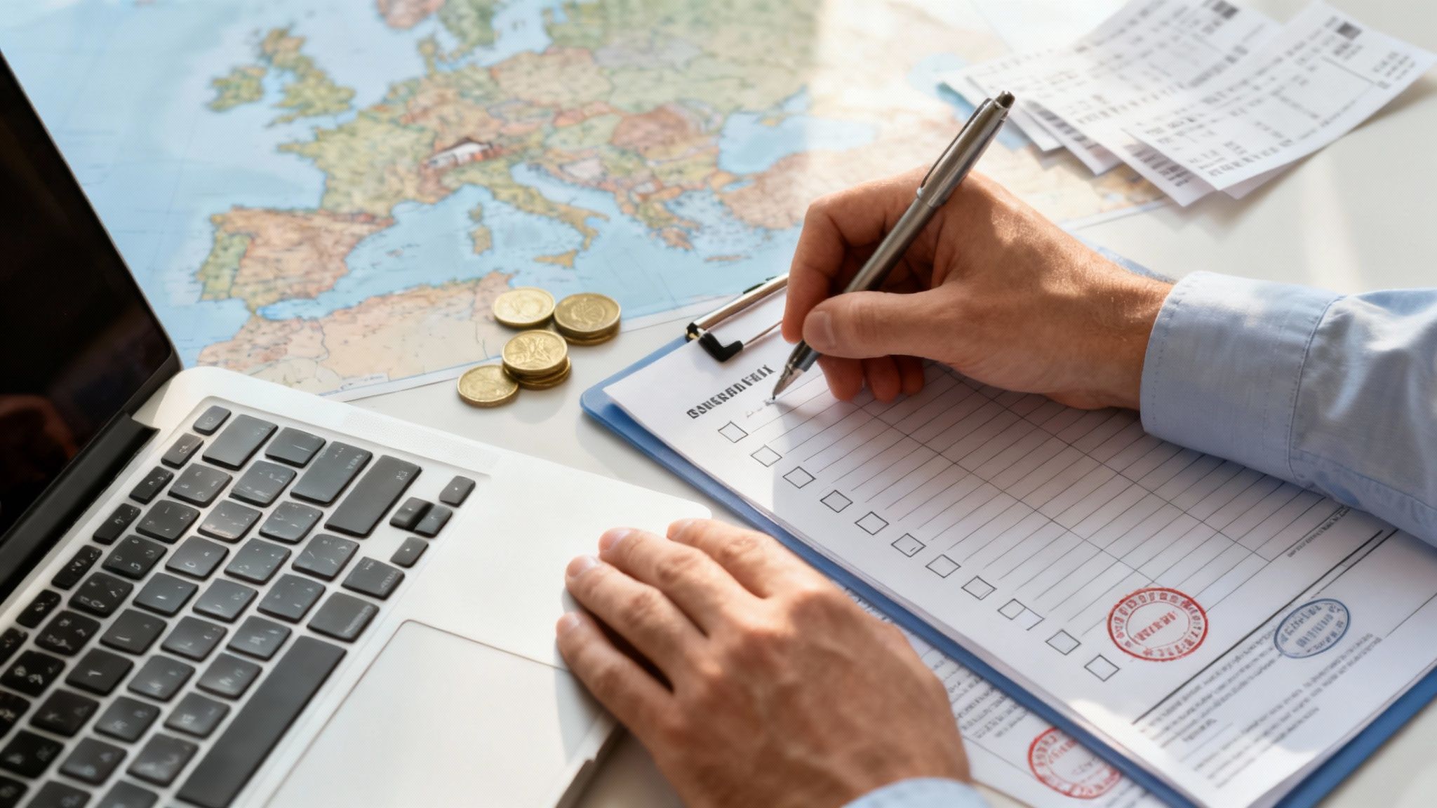 Person planning a trip on a desk with a laptop, map, checklist, and coins.