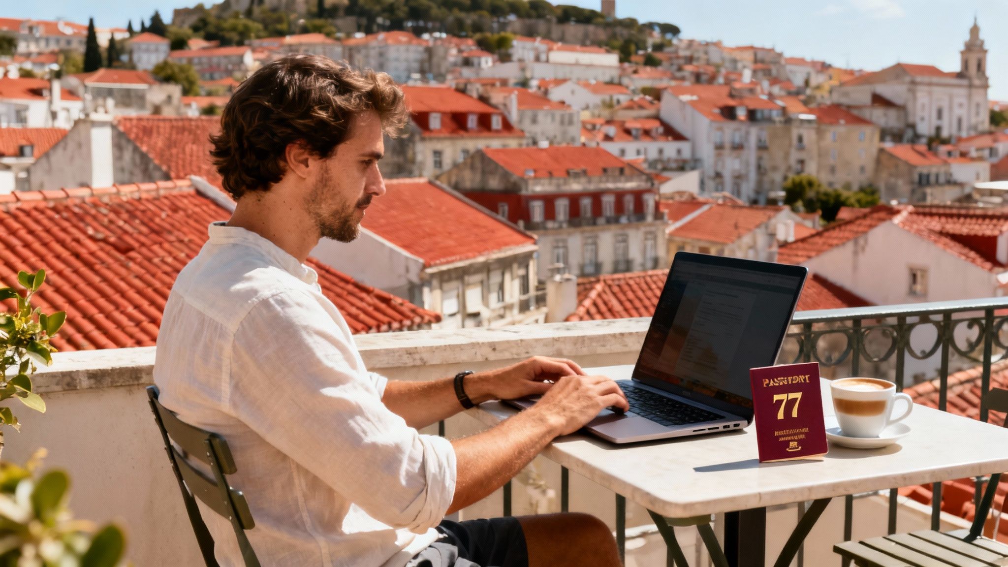 A serene Portuguese street with a couple enjoying coffee at a cafe, embodying a relaxed lifestyle funded by passive income.