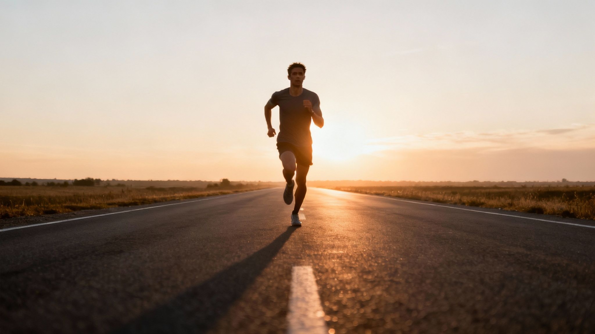 A man runs on an empty road at sunset, casting a long shadow.