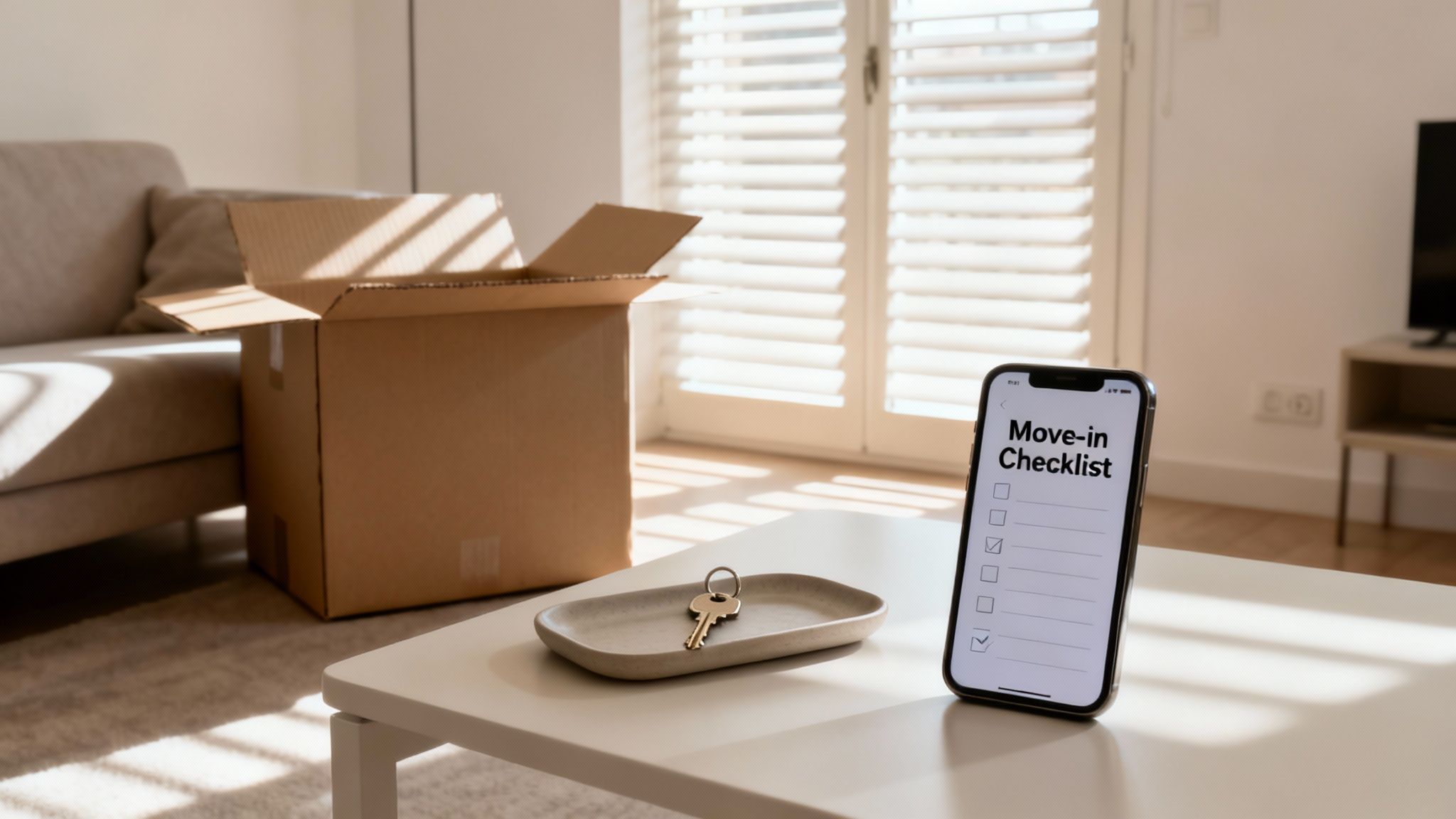 A bright new apartment living room with moving boxes, keys, and a move-in checklist on a smartphone.