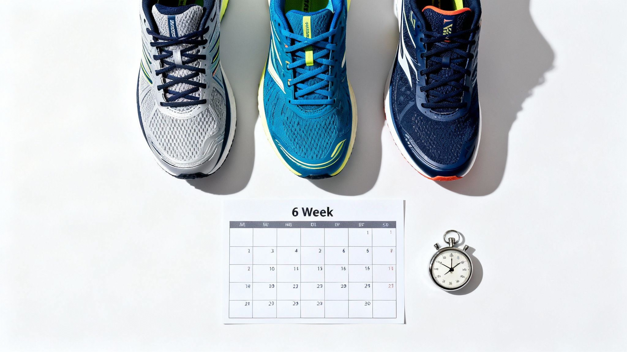 Three colorful running shoes, a 6-week training calendar, and a stopwatch on a white background.