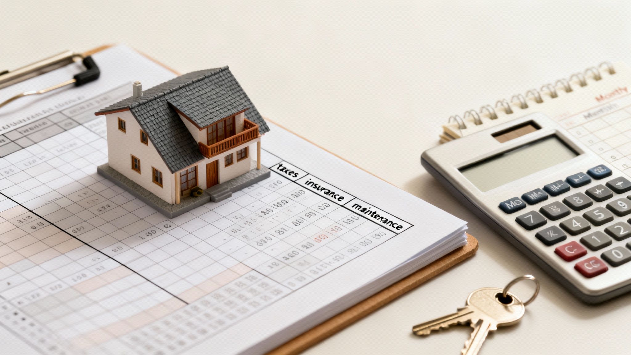 Miniature house model, financial documents, calculator, and keys symbolizing home ownership costs.