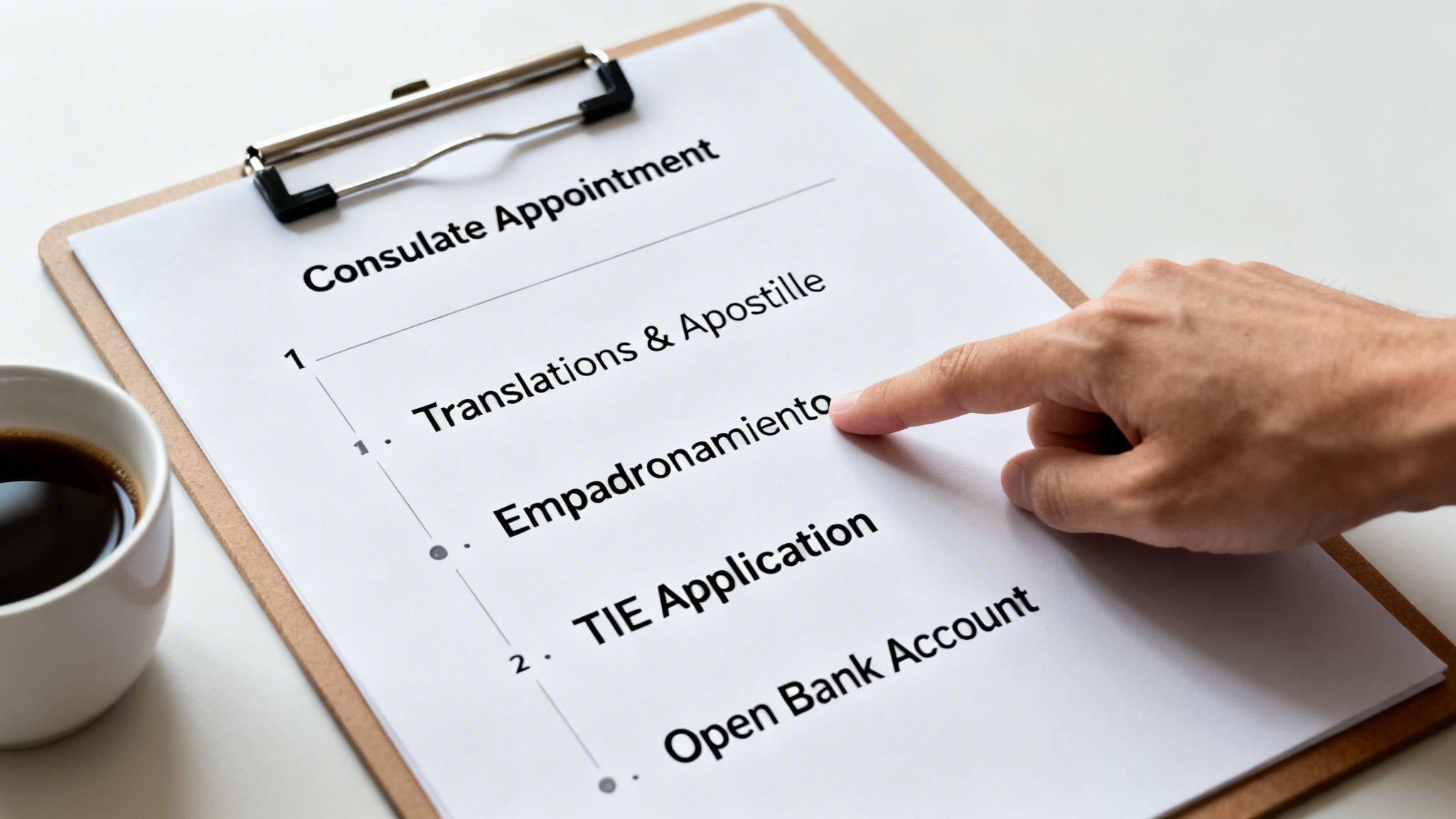 A hand points to 'Empadronamiento' on a checklist outlining residency application steps next to a coffee cup.