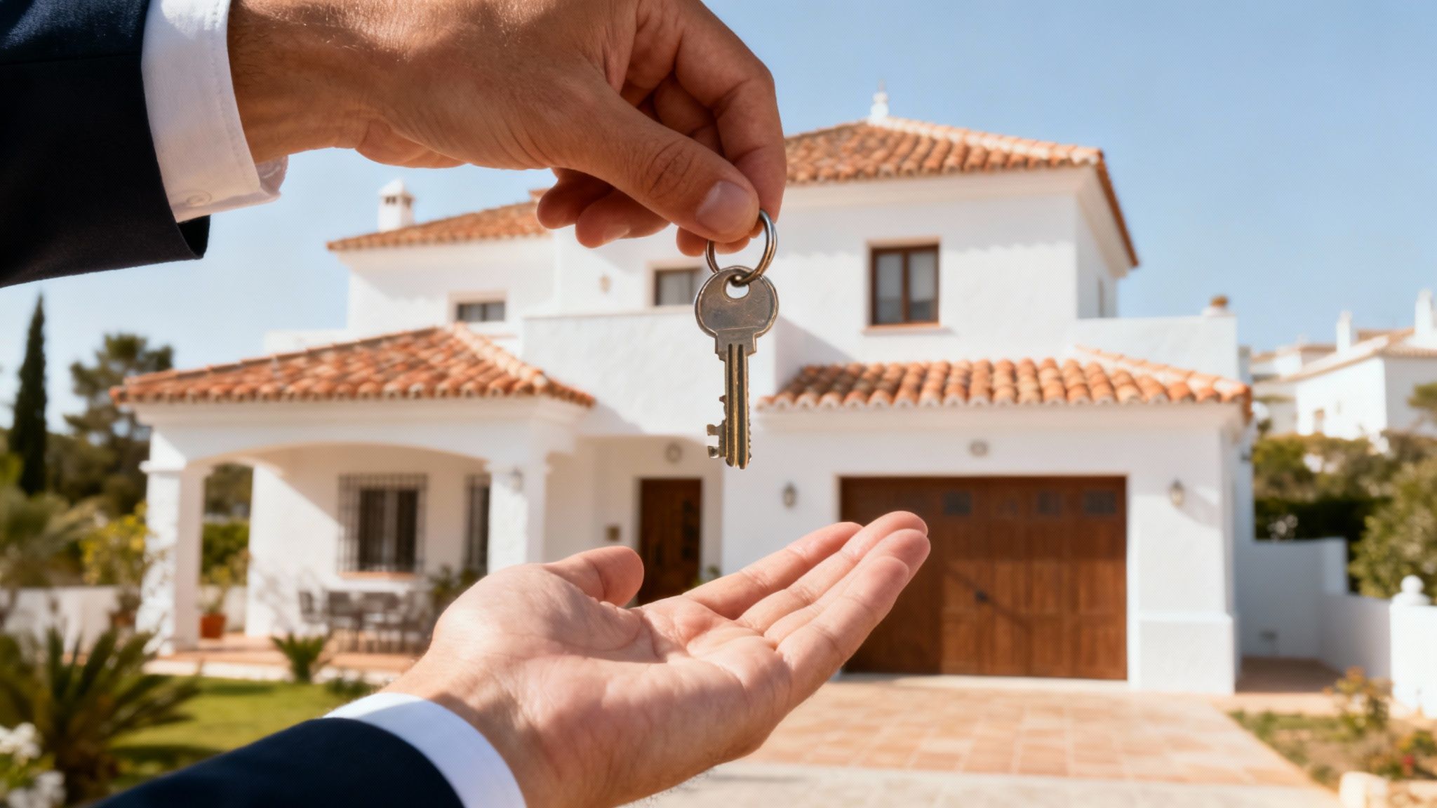 A couple receiving keys to their new Spanish home from a real estate agent