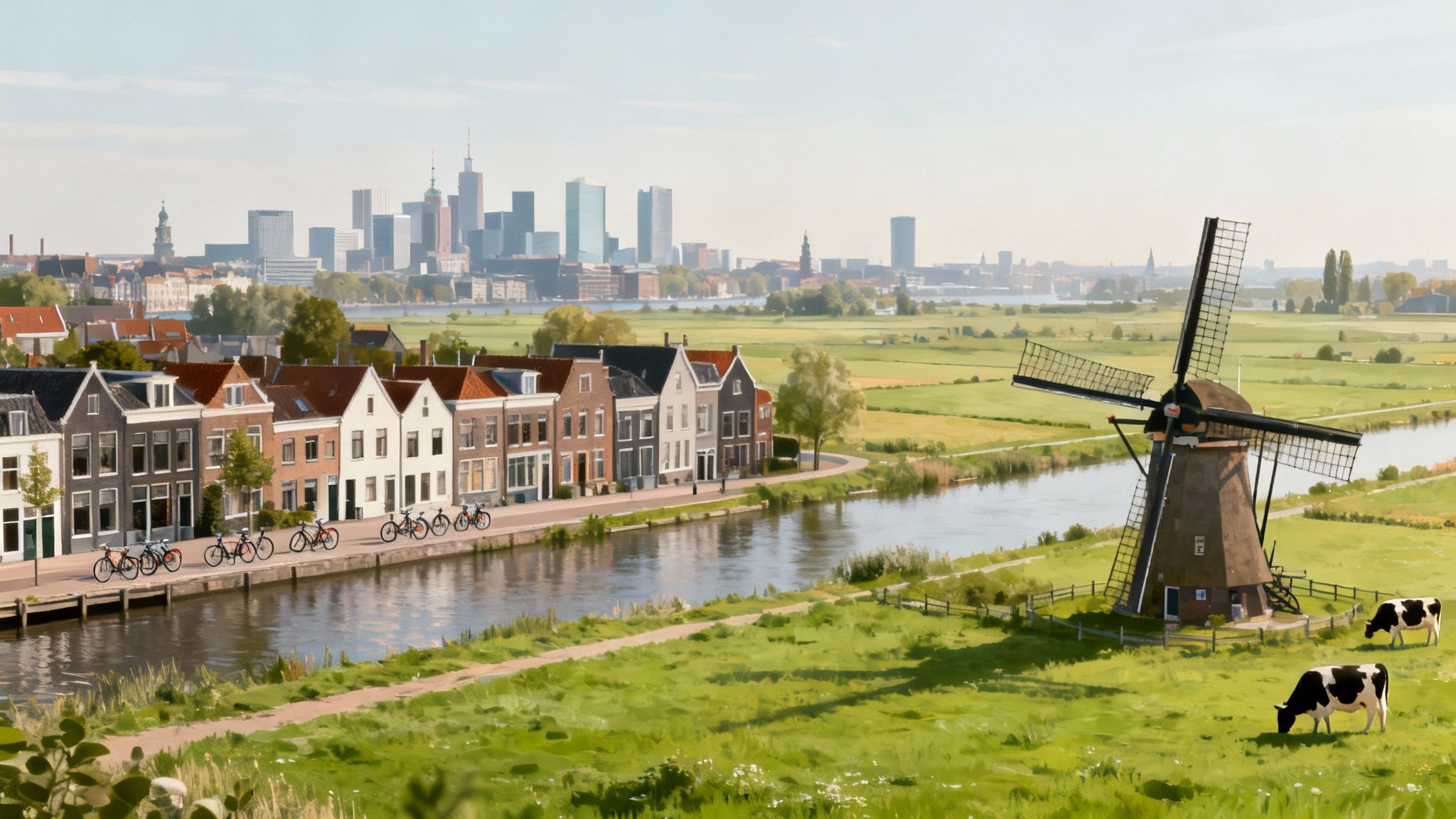 A scenic Dutch landscape featuring canal-side houses, a windmill, grazing cows, and a distant city skyline.
