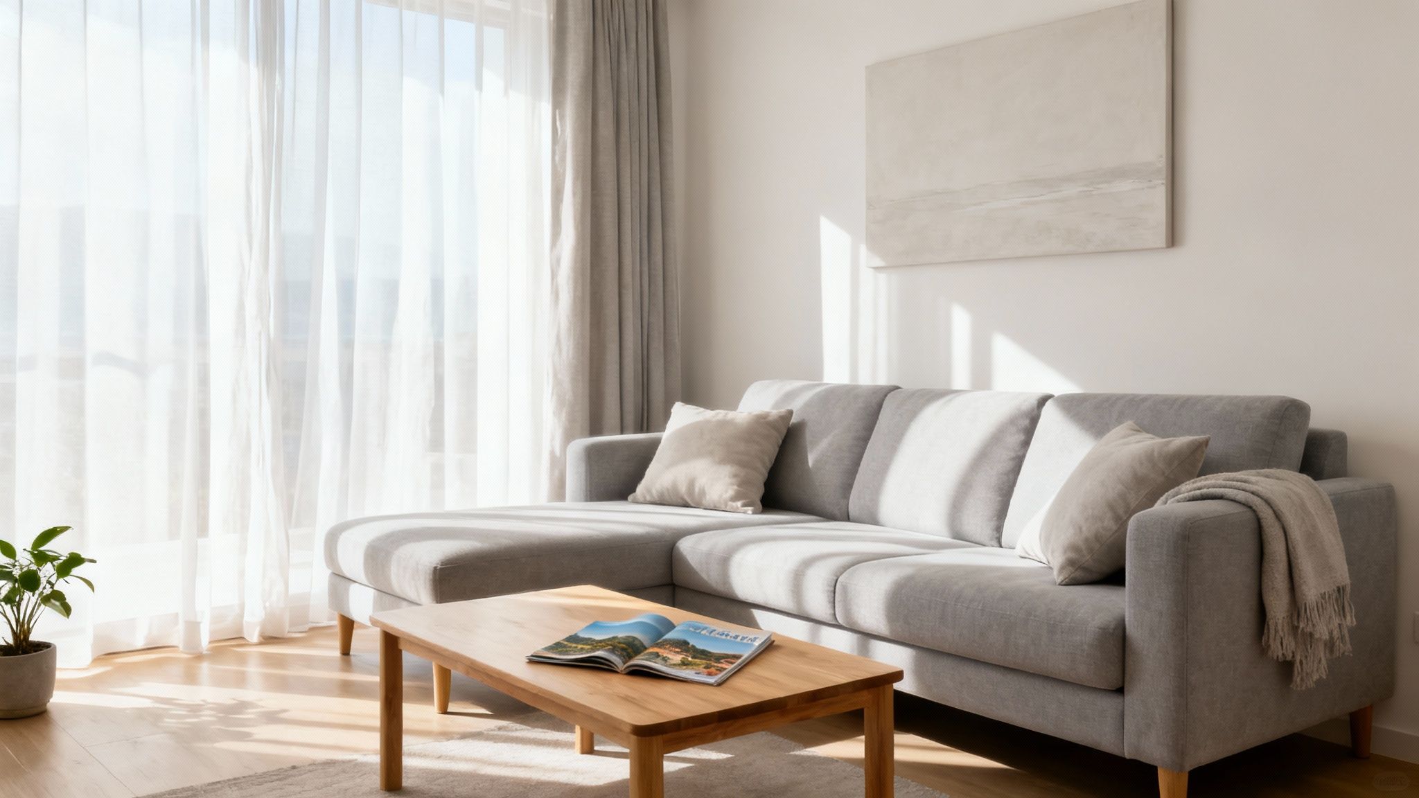 A stylishly decorated vacation rental living room with a comfortable sofa, warm lighting, and a view of the outdoors, showcasing an inviting atmosphere.