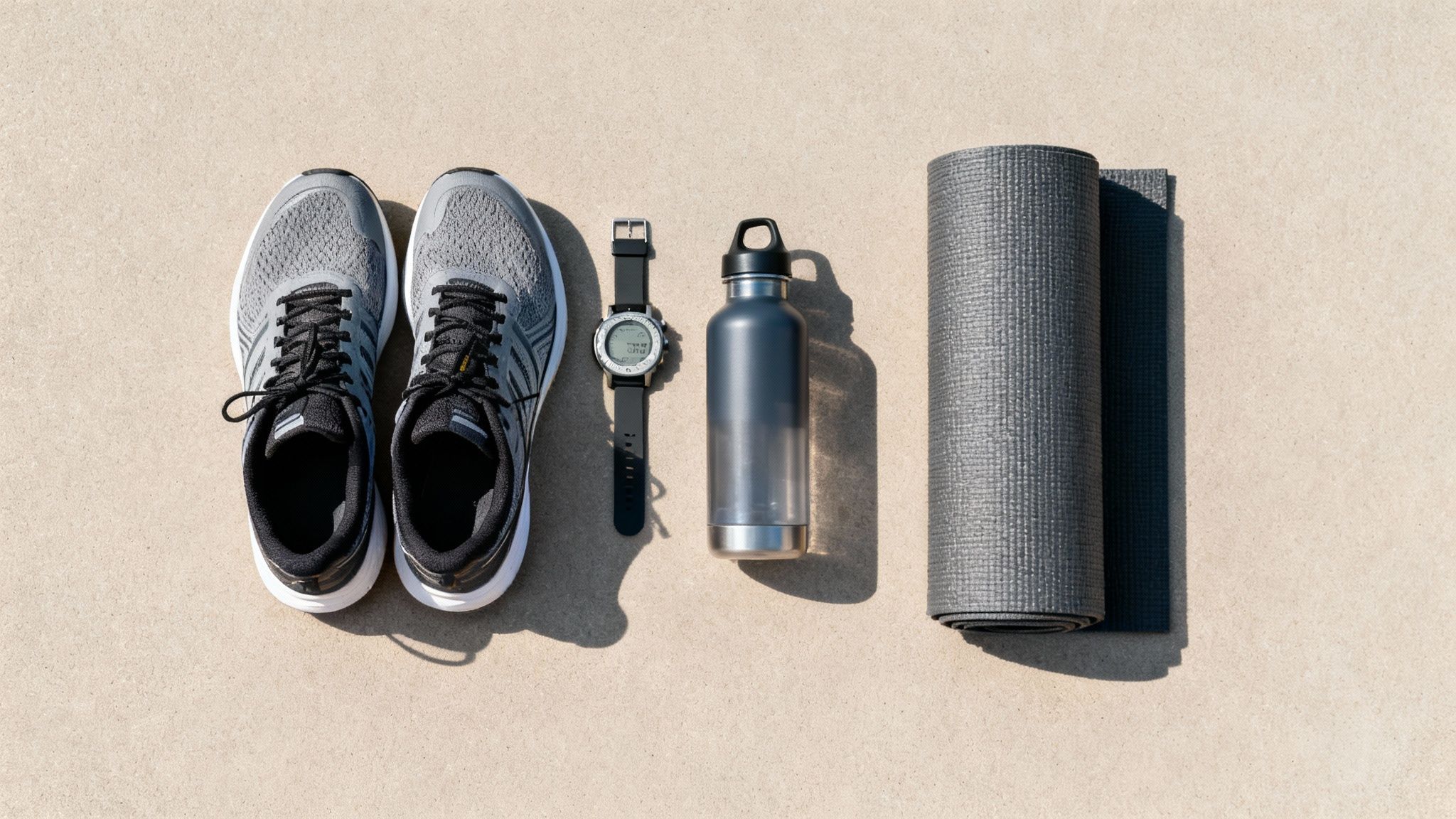 Flat lay of fitness essentials: running shoes, sports watch, water bottle, and yoga mat on concrete.