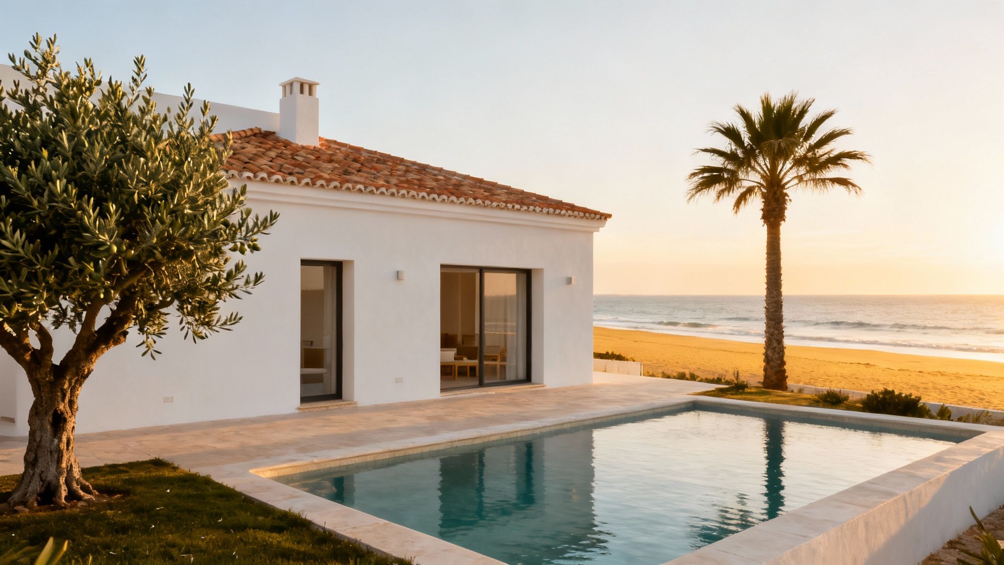 A stunning white house with a pool, olive tree, and palm tree overlooking a golden beach at sunset.