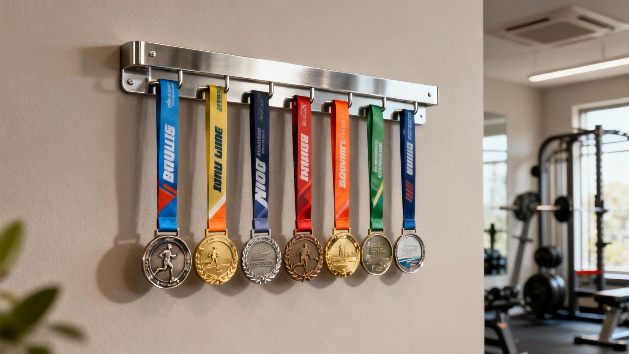 A collection of colorful running race medals displayed on a metal hanger in a home gym.