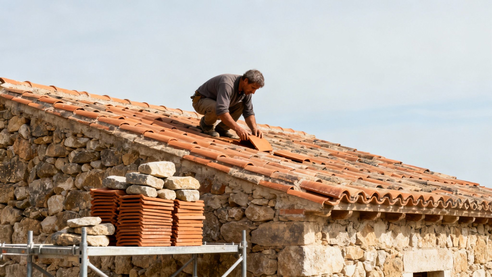 A roofer installs terracotta tiles on the stone roof of a rustic house under a clear sky.
