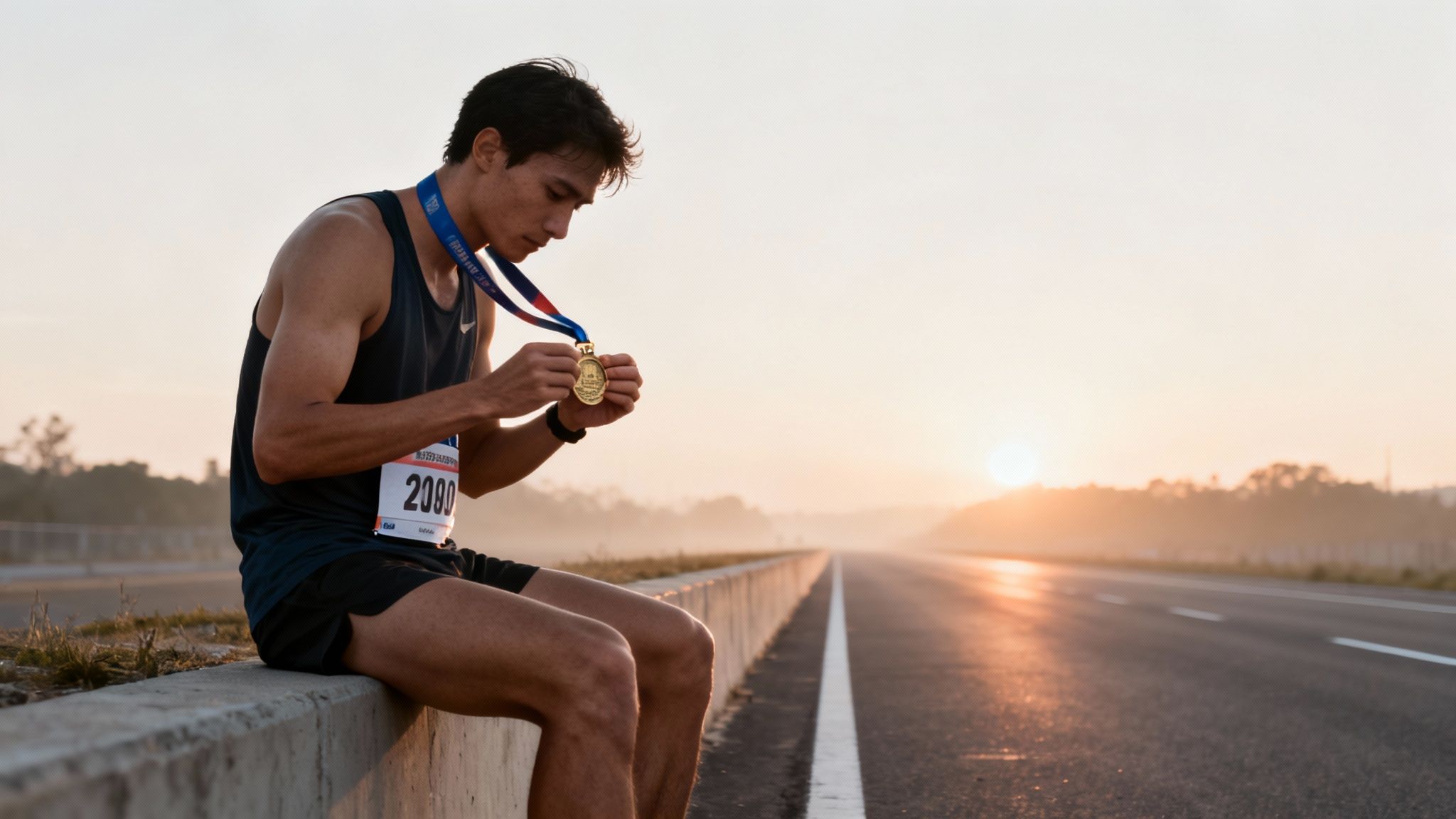 A male marathon runner holds his gold medal at sunrise, reflecting on his achievement.