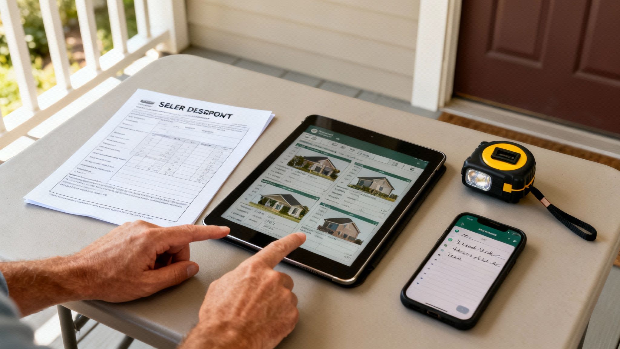 Hands pointing at a tablet showing house listings, with a document and tape measure.