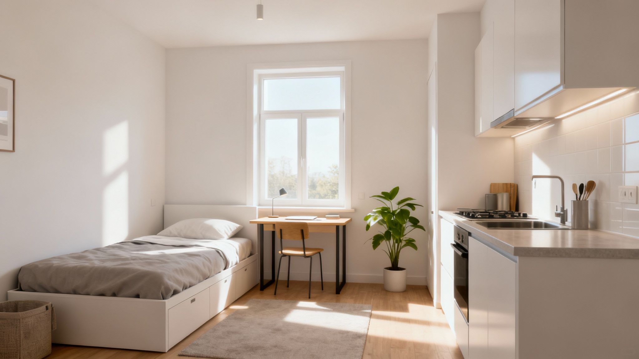A bright, modern studio apartment with a bed, desk, and kitchen area, bathed in sunlight.