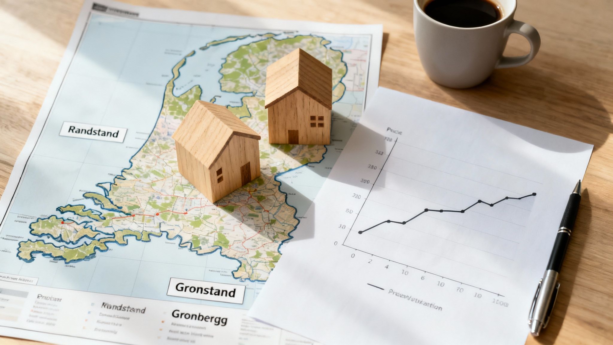 A map of the Netherlands with two wooden house models and a rising price graph, symbolizing real estate.