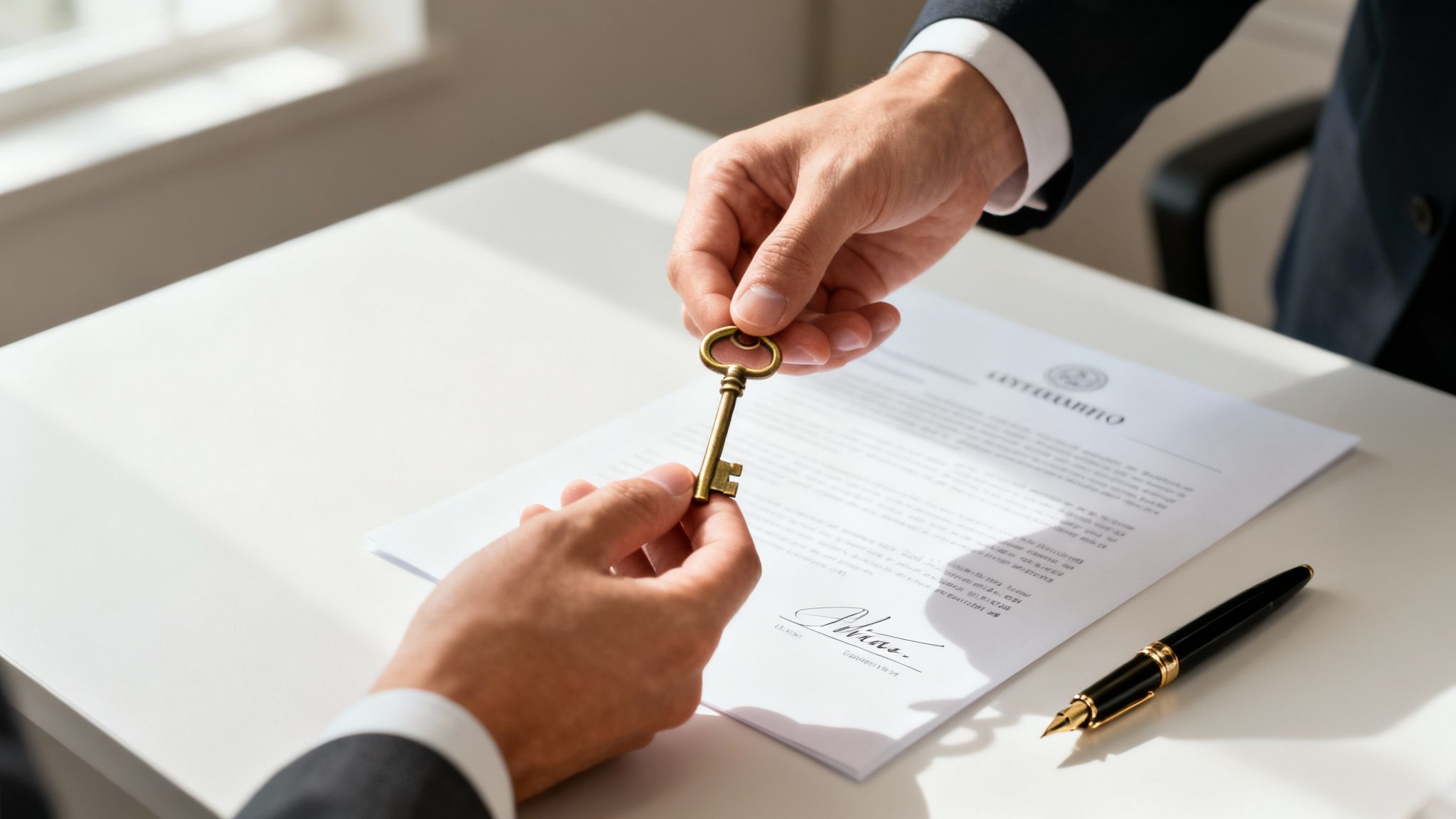 Two hands exchanging a vintage golden key over a signed contract on a white table.