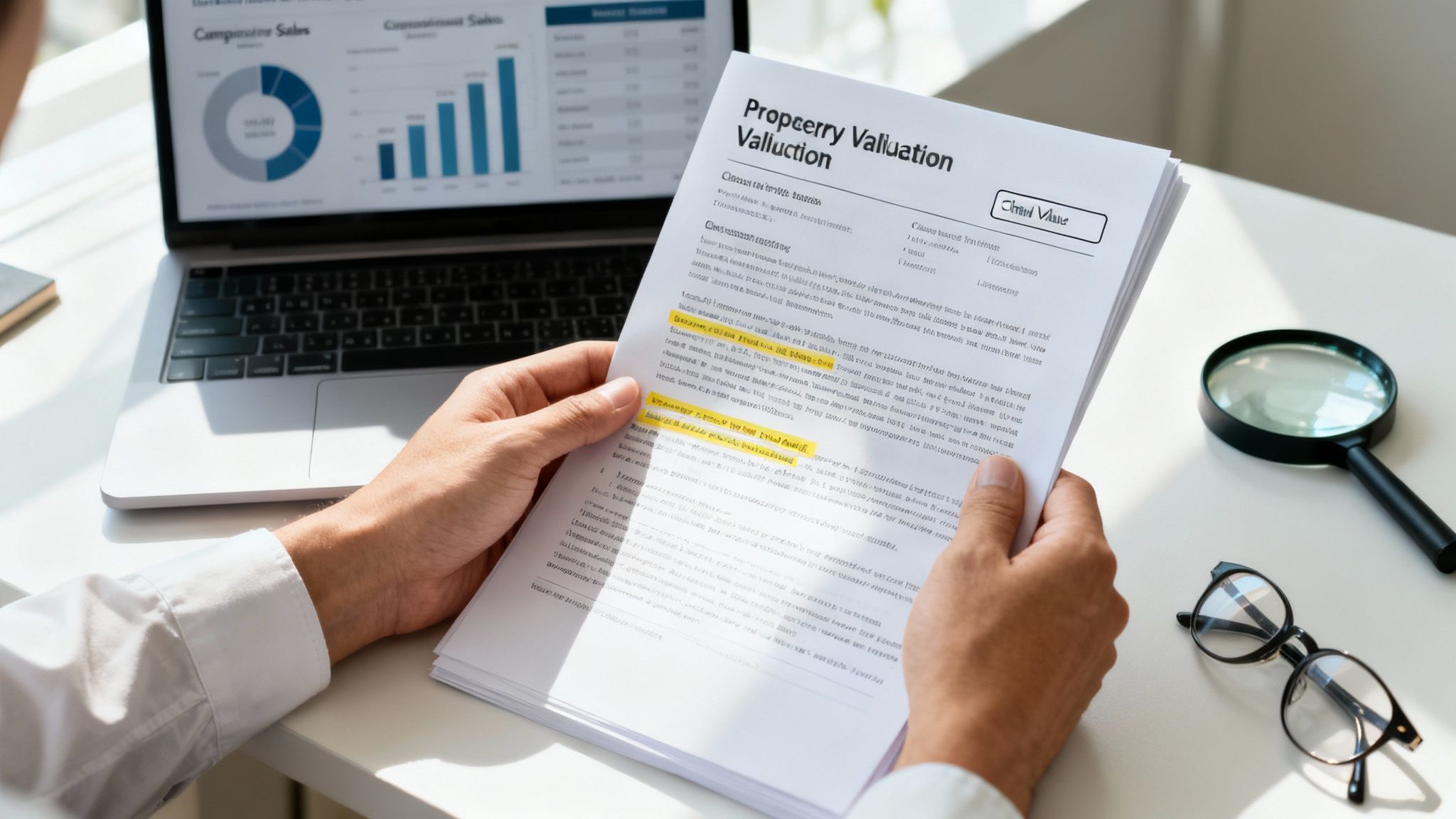 Person reviews a property valuation document with highlighted text, a laptop, magnifying glass, and glasses on a desk.