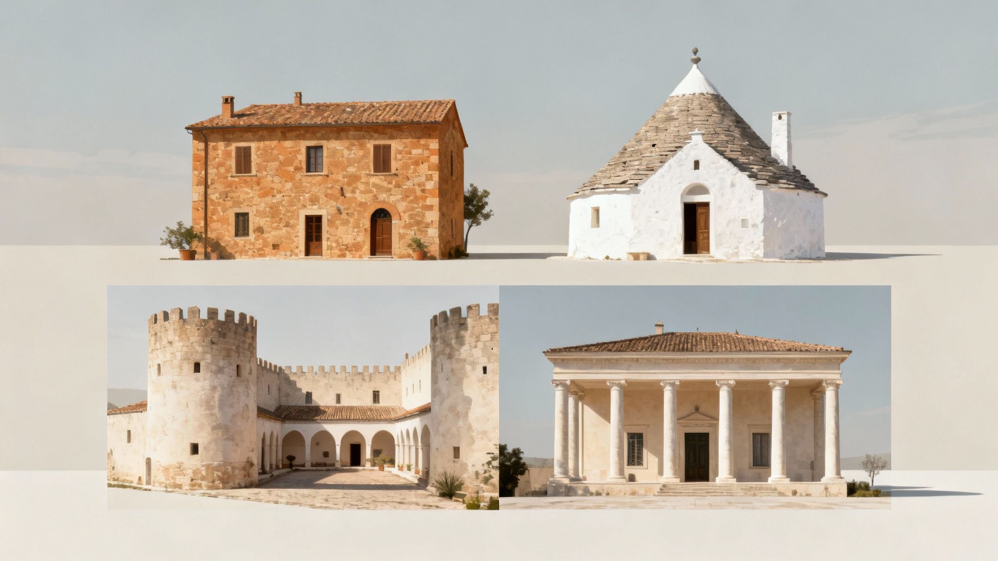 Four distinct Italian country houses: a rustic farmhouse, a trullo, a castle, and a classical villa.