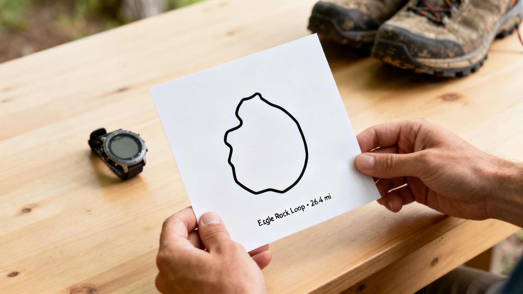 A person holds a map showing the Eagle Rock Loop trail, with a smartwatch and hiking boots on a wooden table.