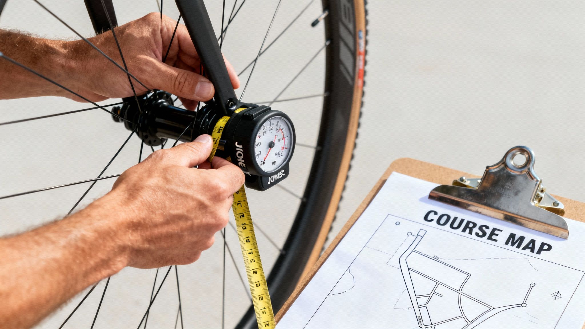 Close-up of hands using a tape measure and spoke tension meter to adjust a bicycle wheel.