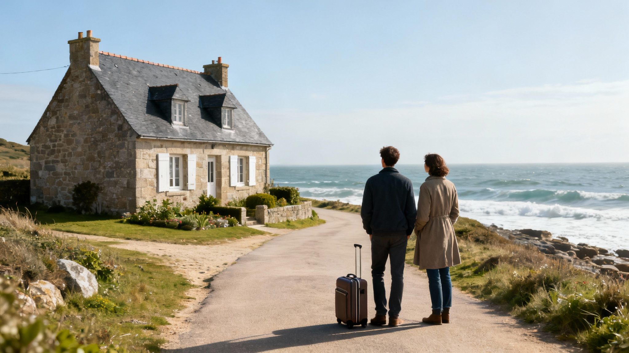 A scenic view of a coastal town in Brittany, with colorful houses along the harbor