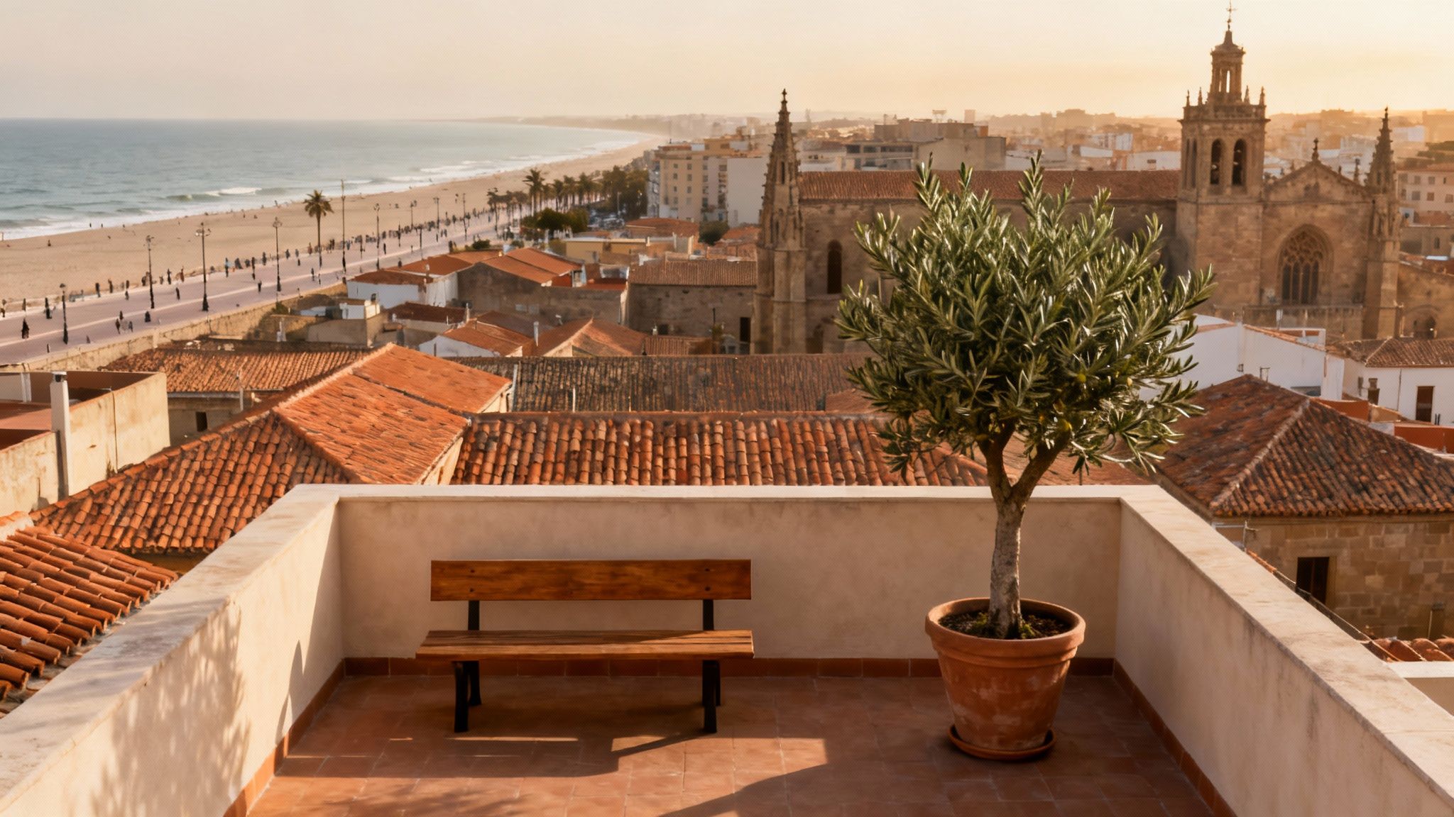 Rooftop terrace with olive tree and bench overlooking a European coastal town and beach at sunset.