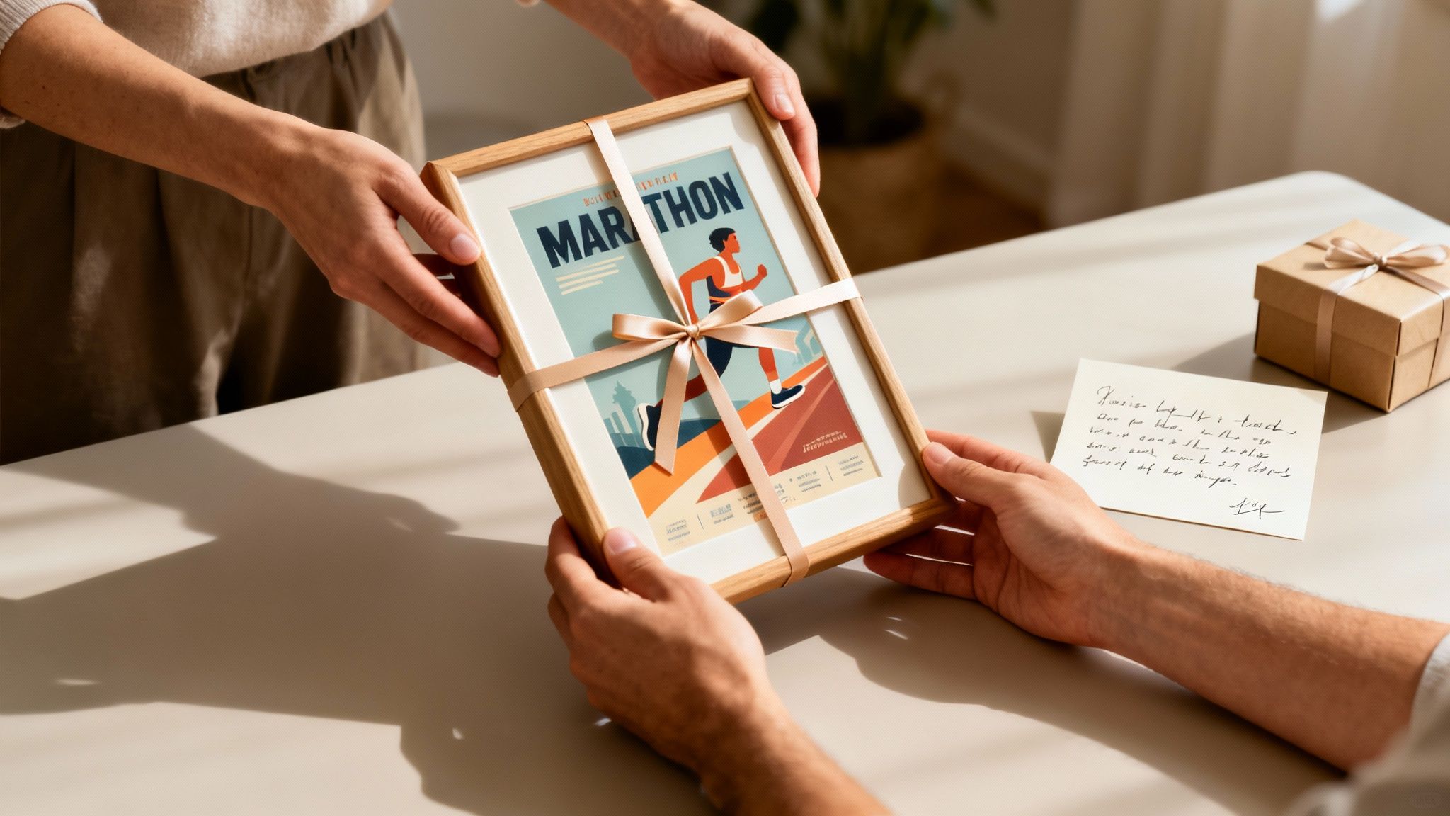A person hands a framed marathon poster gift, tied with a ribbon, to another person.