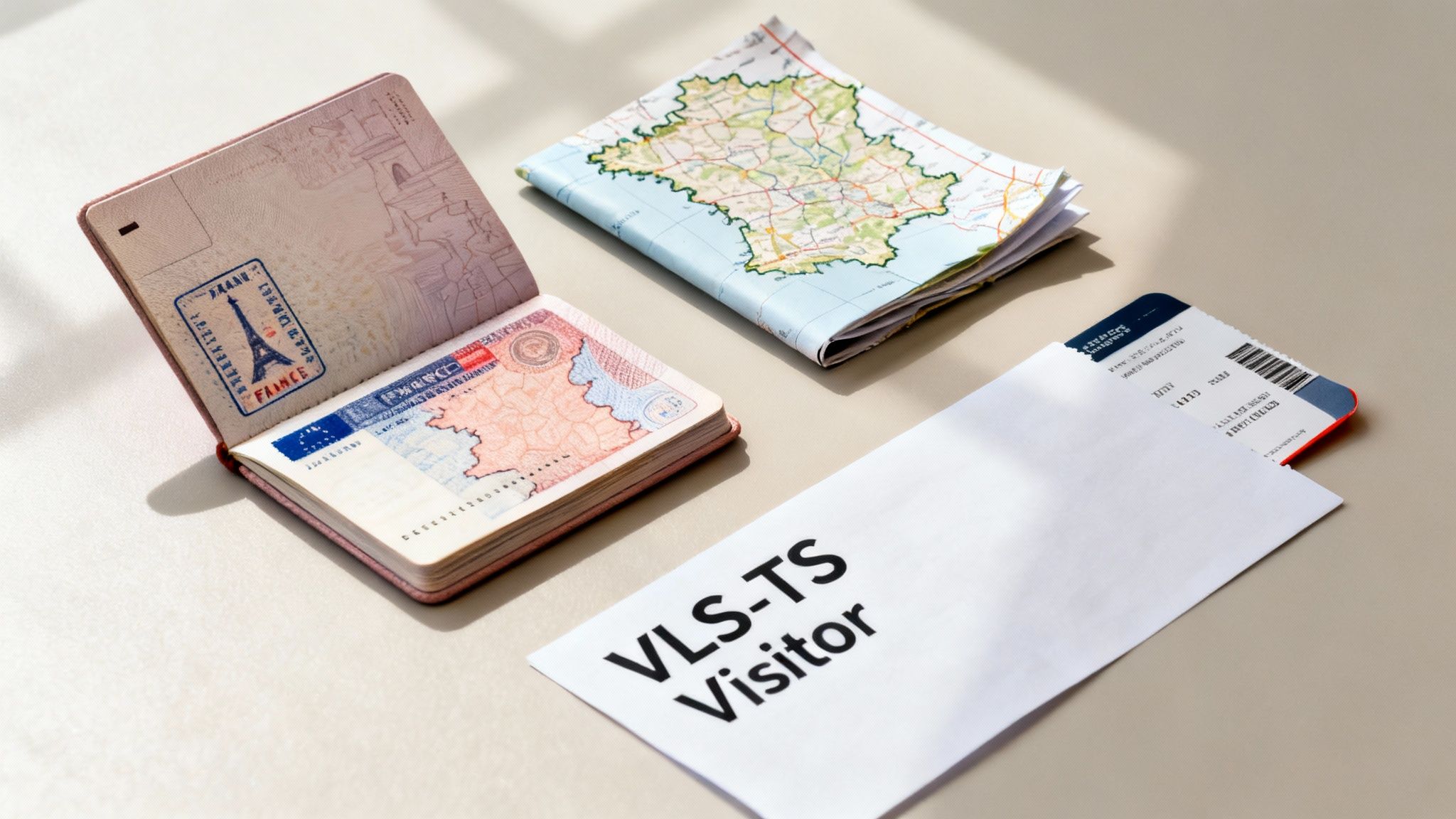 An open passport with a French visa, a folded map, a boarding pass, and VLS-TS visitor information.
