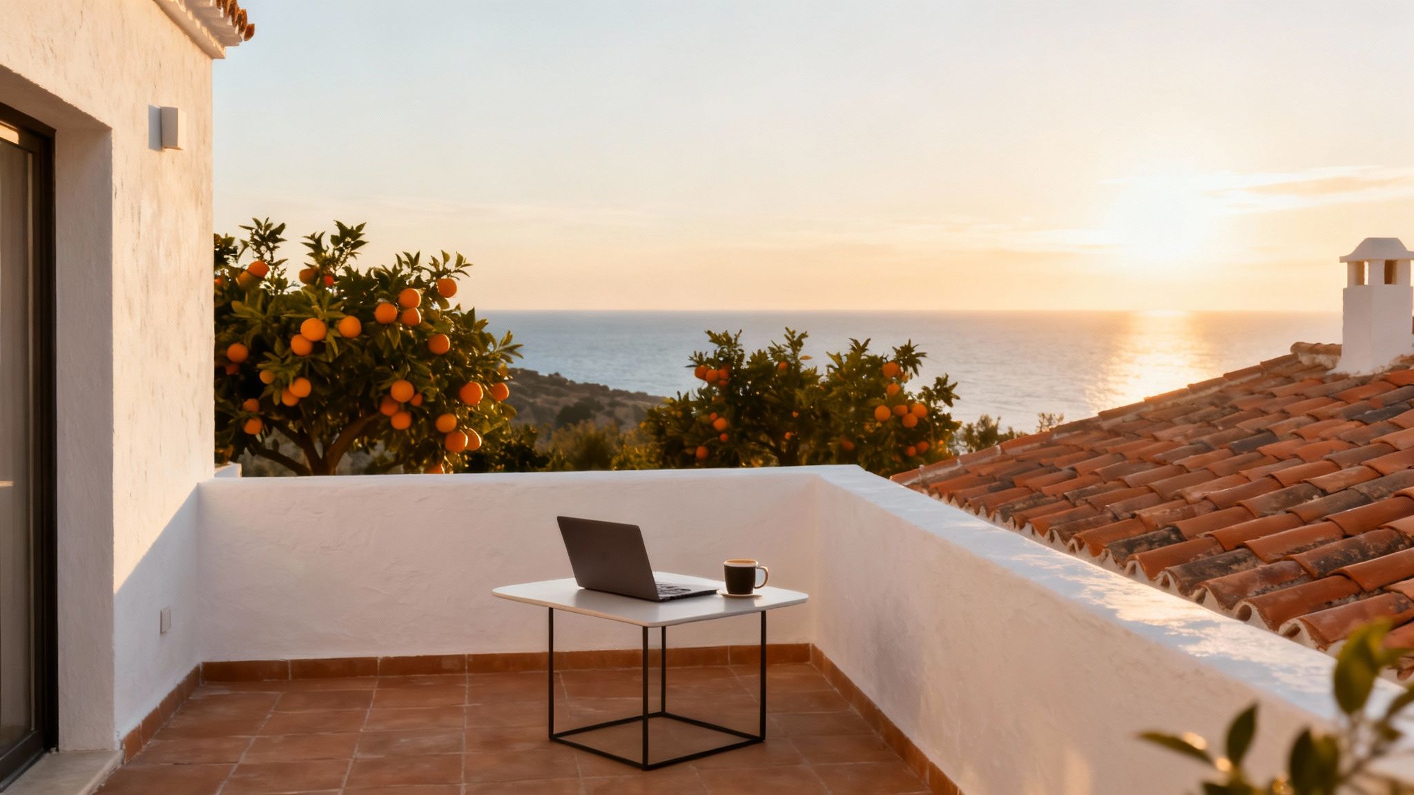 A serene balcony with a laptop and coffee, overlooking orange trees, the sea, and a sunset.