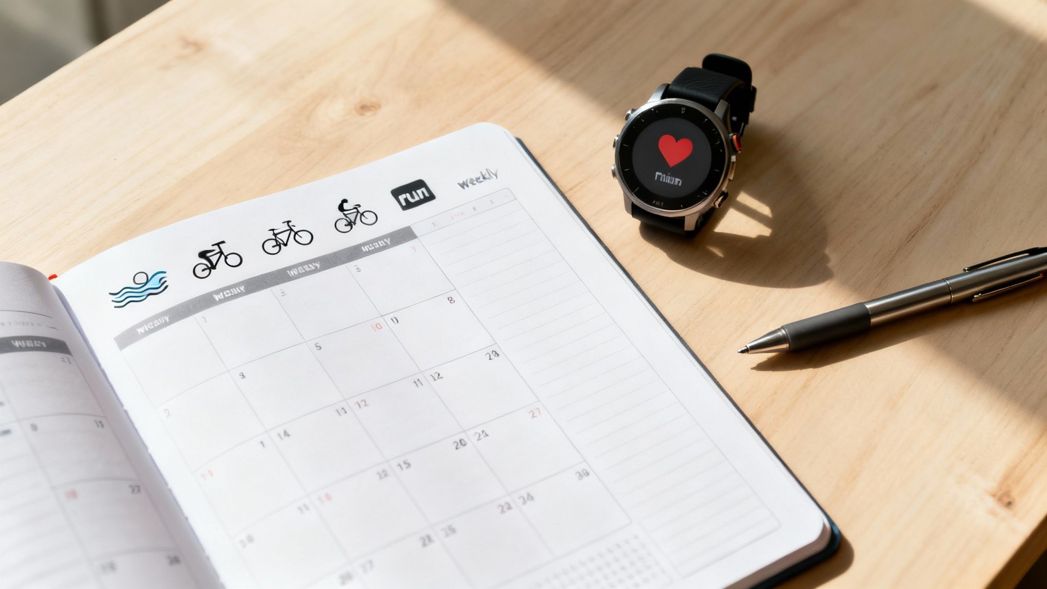A sports watch, pen, and open weekly planner with swim, bike, run icons on a wooden desk.